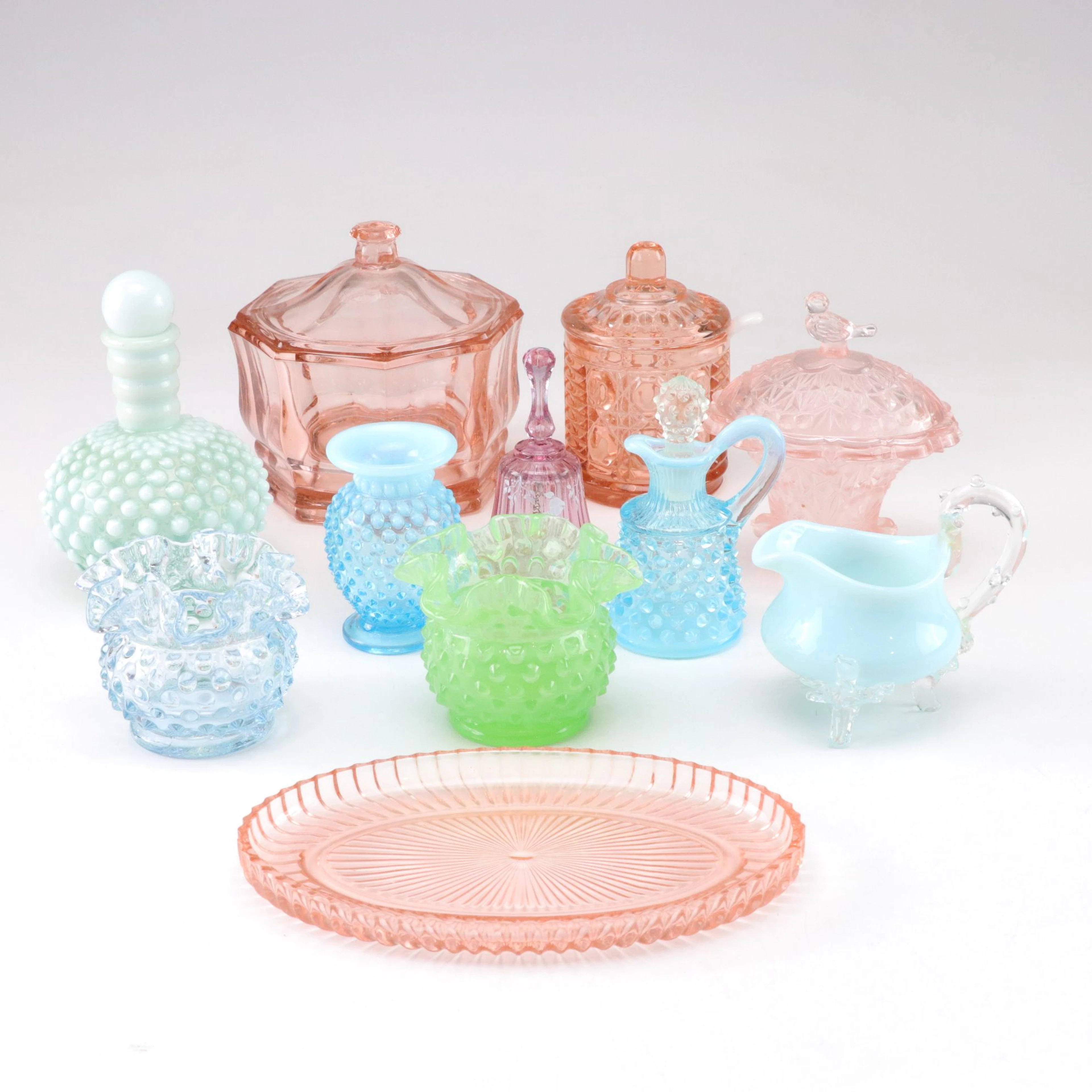 Pink Depression Glass, Fenton, & Other Candy Dishes, Bell, Tray & More