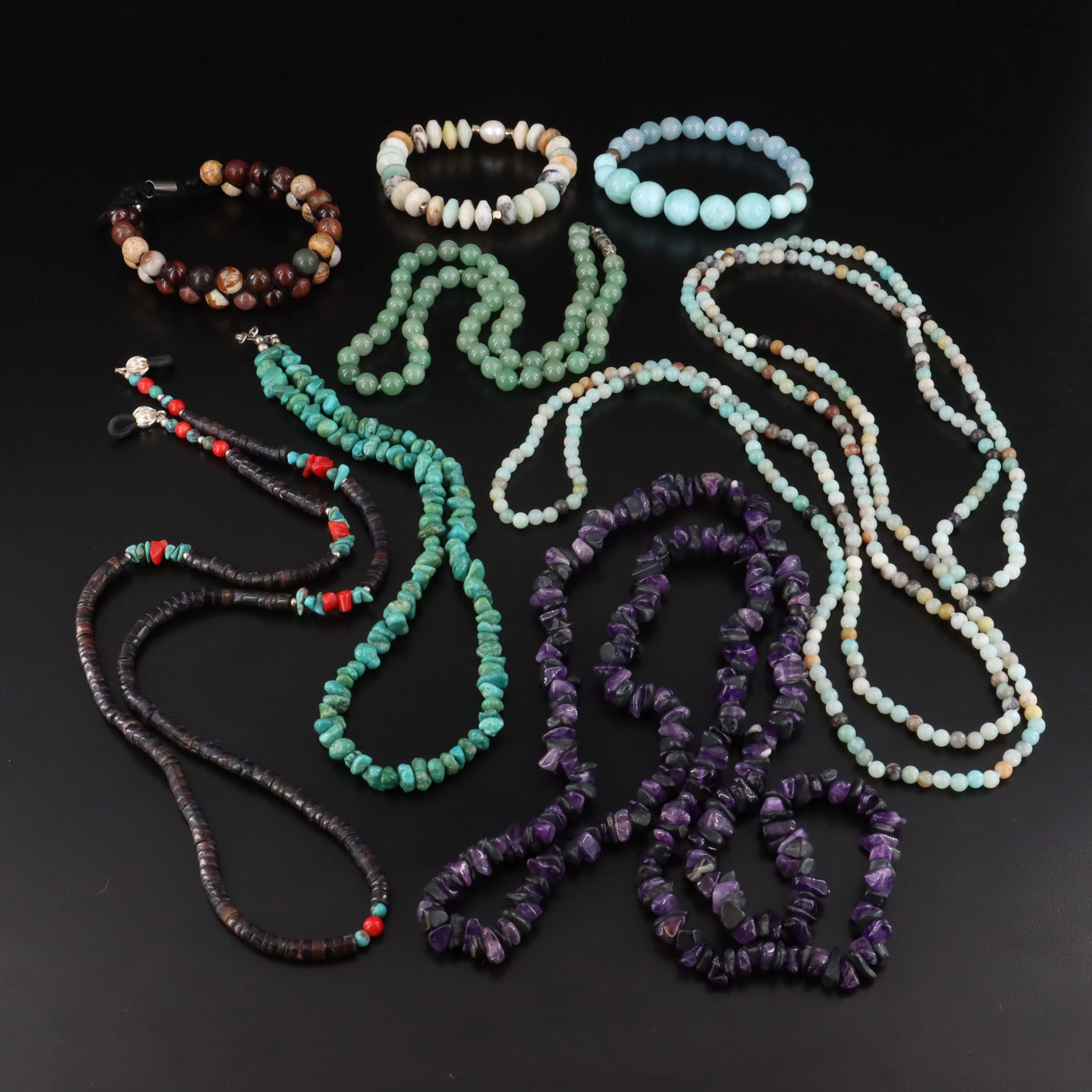 Bead Necklaces and Bracelets Featuring Tiger's Eye, Aventurine and Amethyst