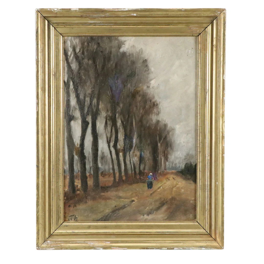 Oil Painting of Rural Landscape with Tree-Lined Road, Late 19th Century