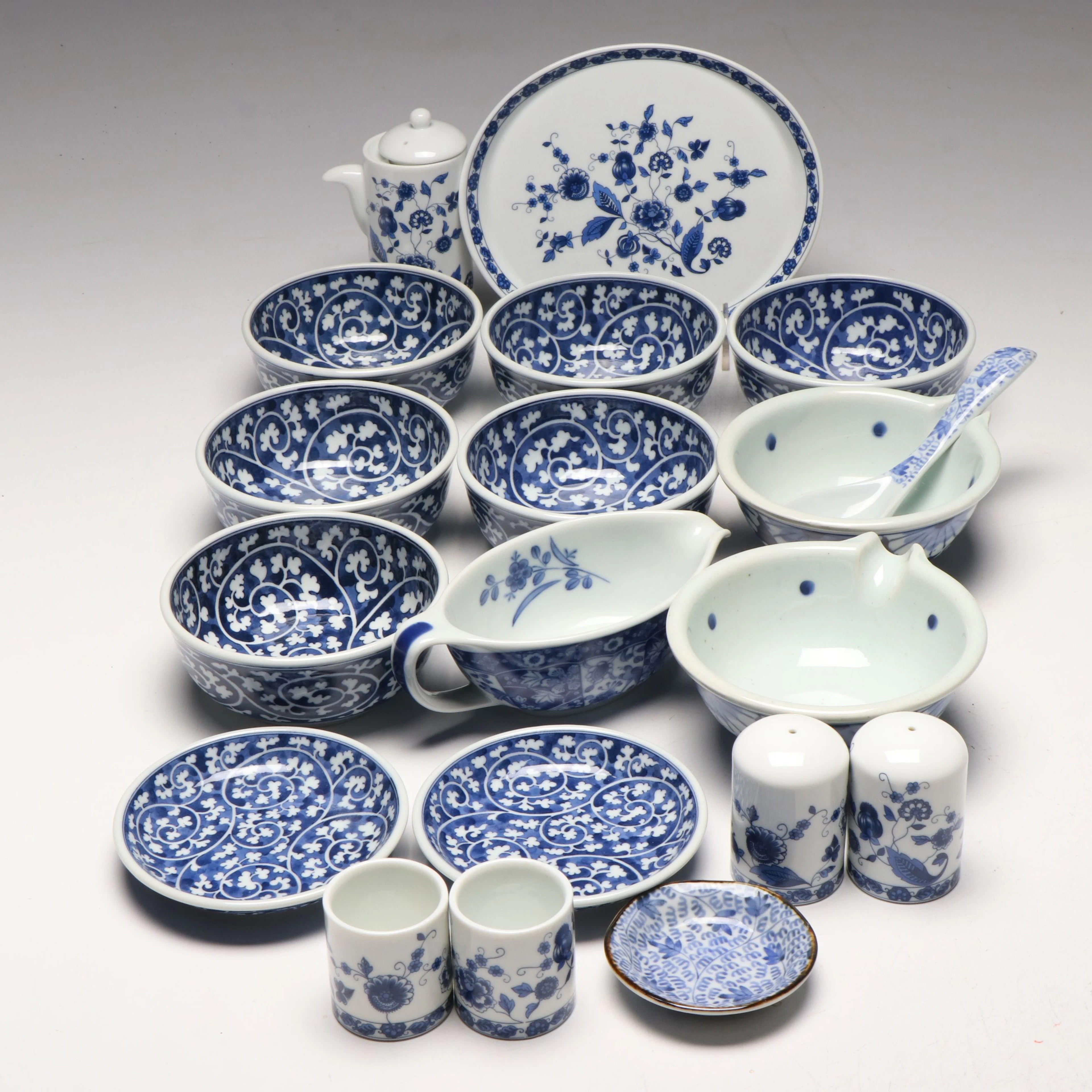 Japanese "Blue Peony" Porcelain Sake Set with More Blue and White Dinnerware