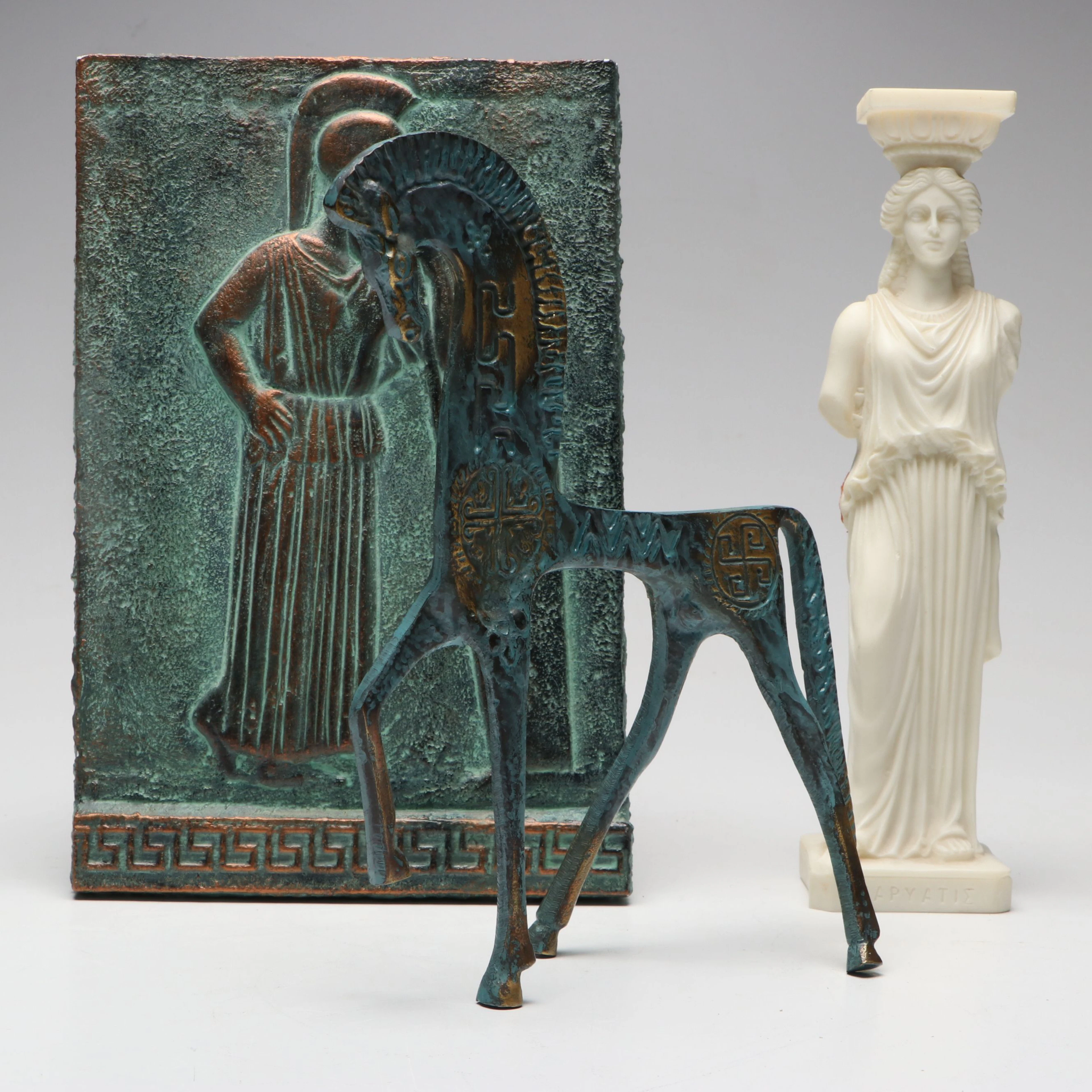 Mourning Athena Bronze Finish Plaque, Caryatid Column and Etruscan Horse
