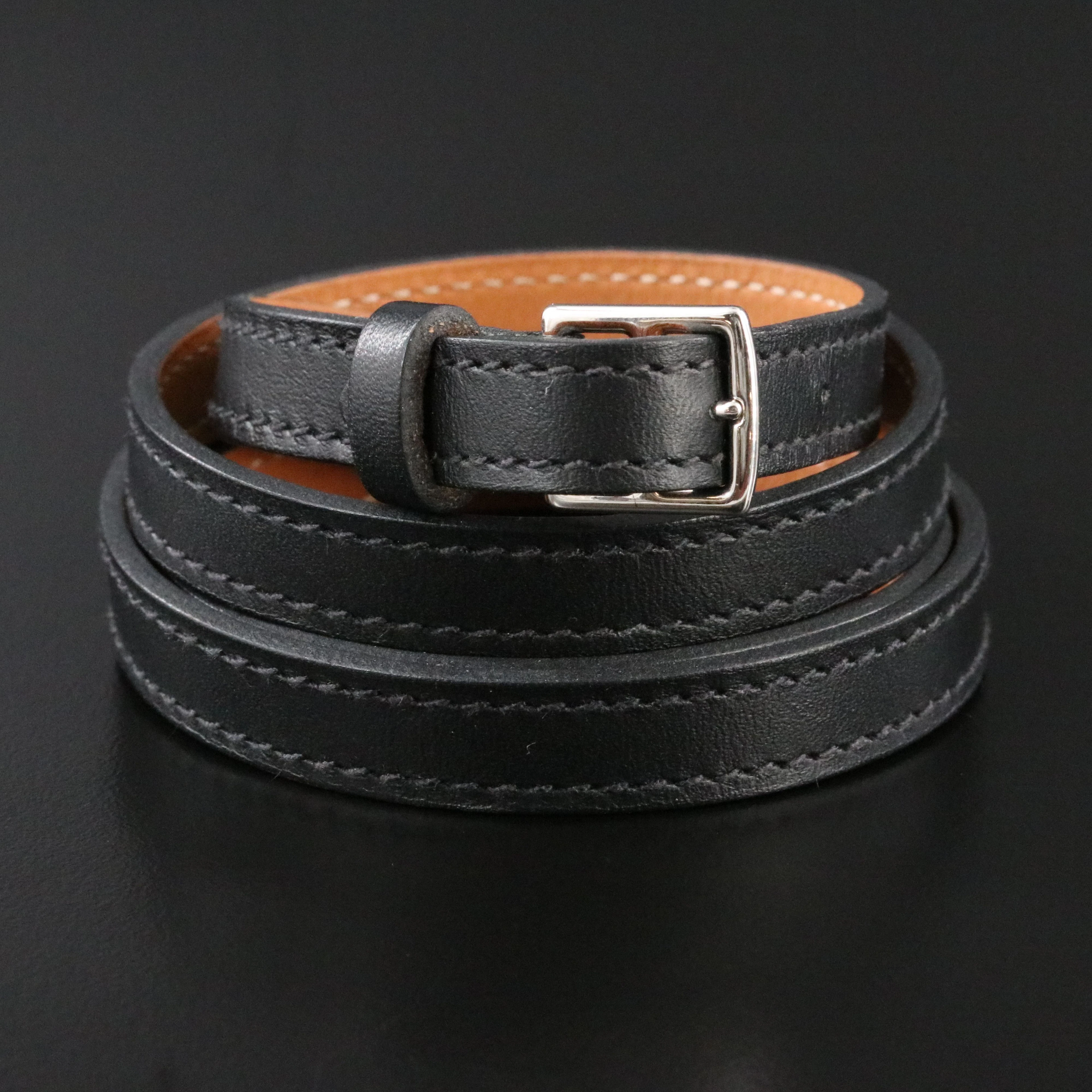 Hermès Quadruple Wrap Leather Bracelet with Silver Tone Buckle