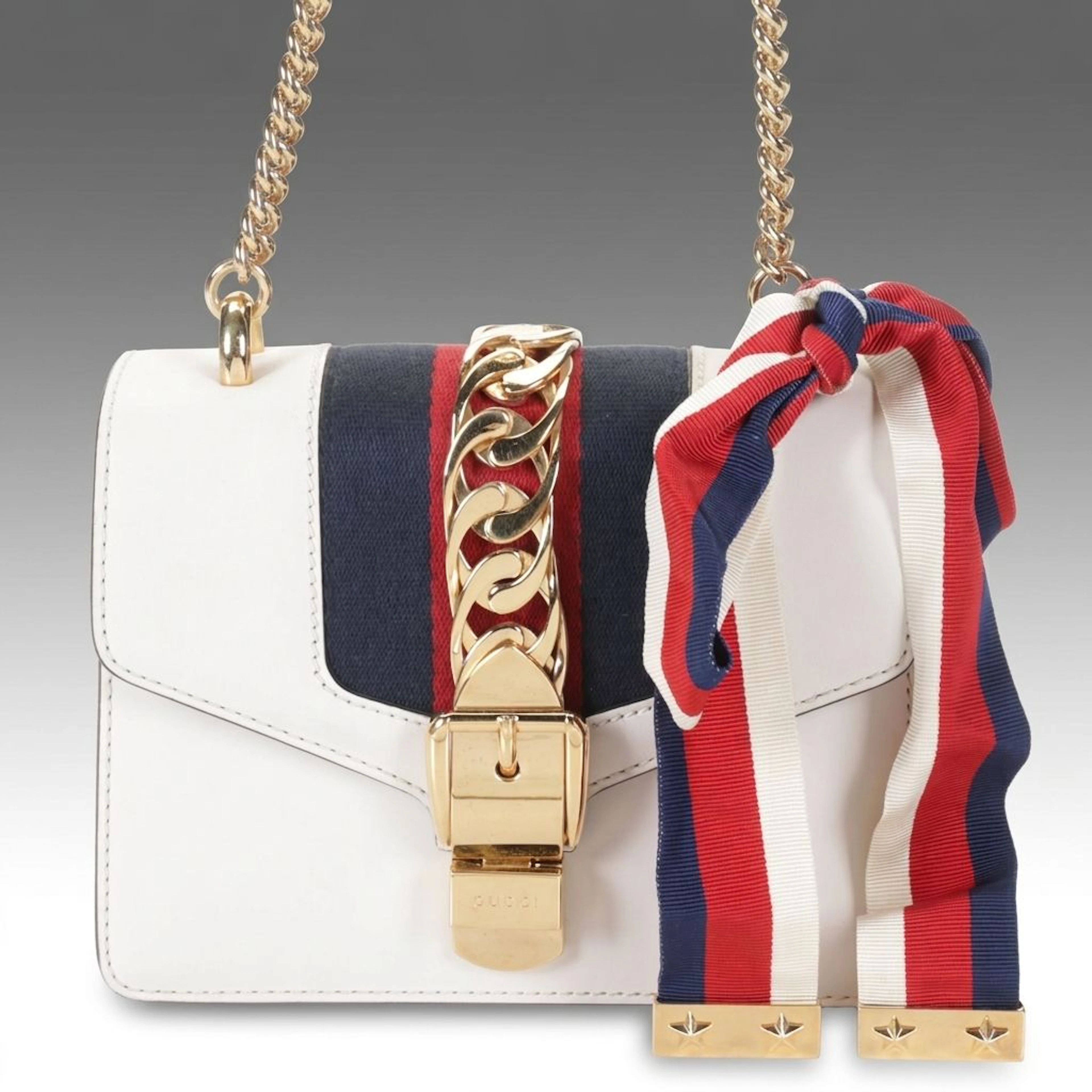 Gucci Sylvie Shoulder Bag in Web Striped White Calfskin Leather