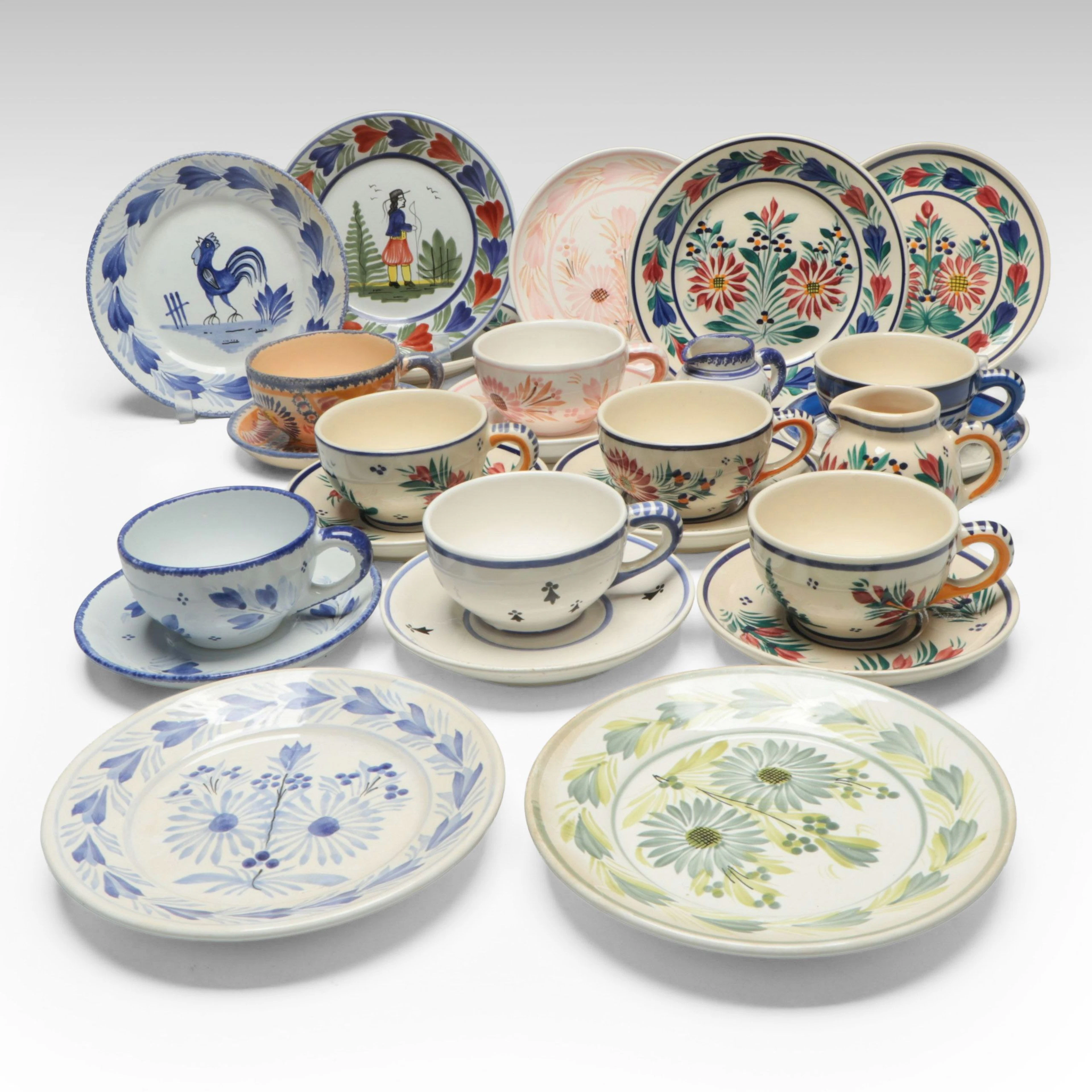 Hand-Painted Henriot Quimper Ceramic Teacups, Saucers & Creamers