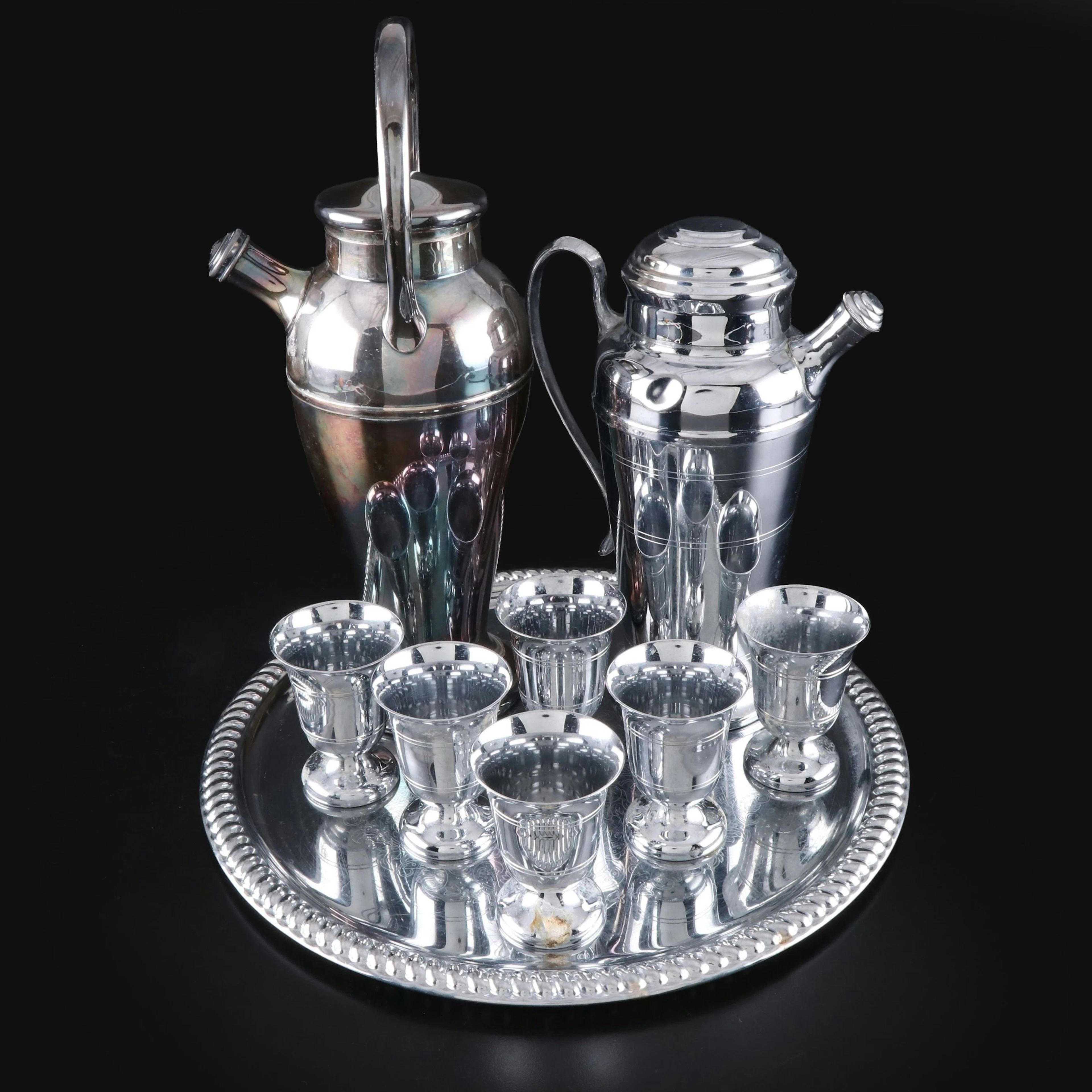 Art Deco Style Cocktail Shakers and Cups with Pressed Metal Tray