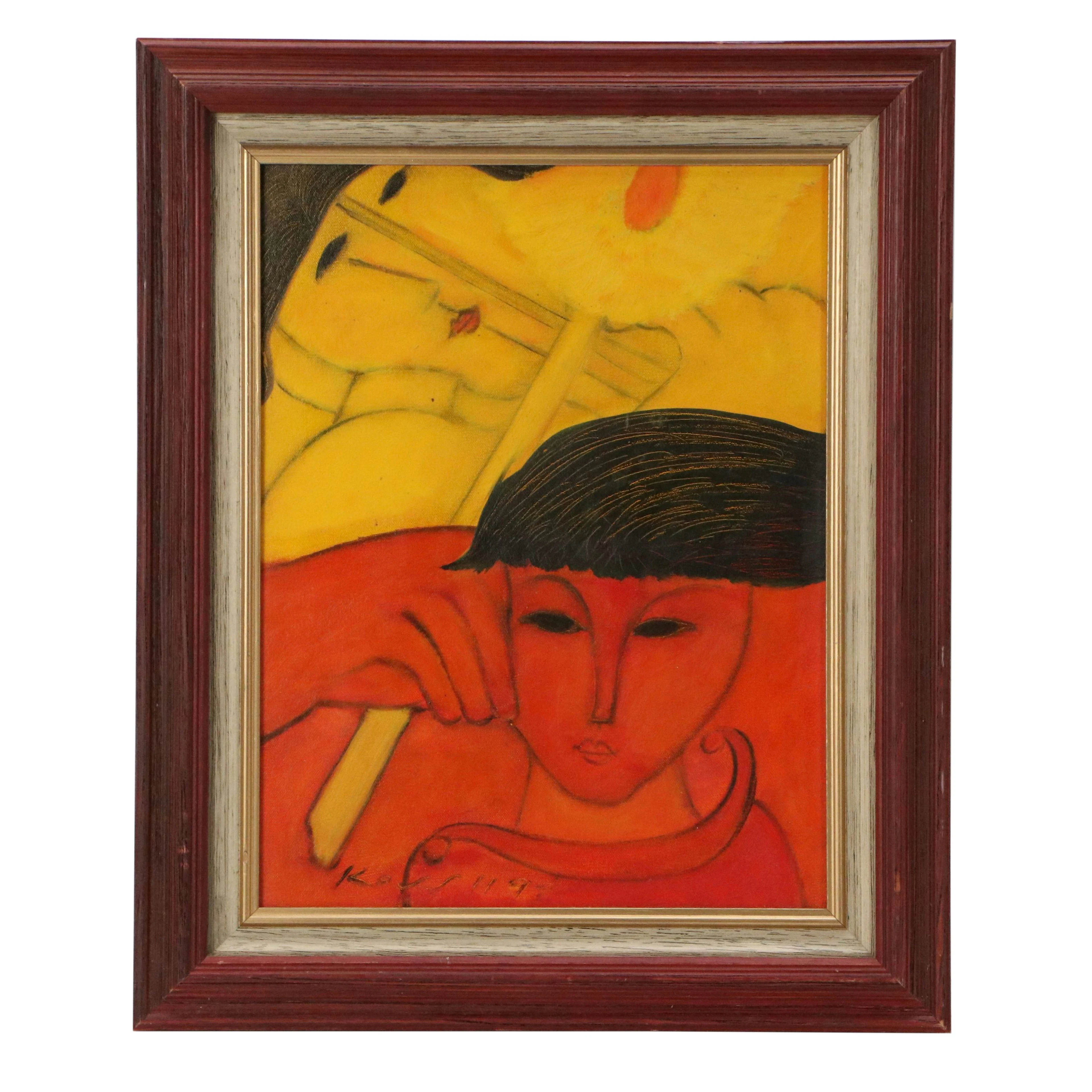 Abstract Oil Painting of Two Figures, Mid to Late 20th Century