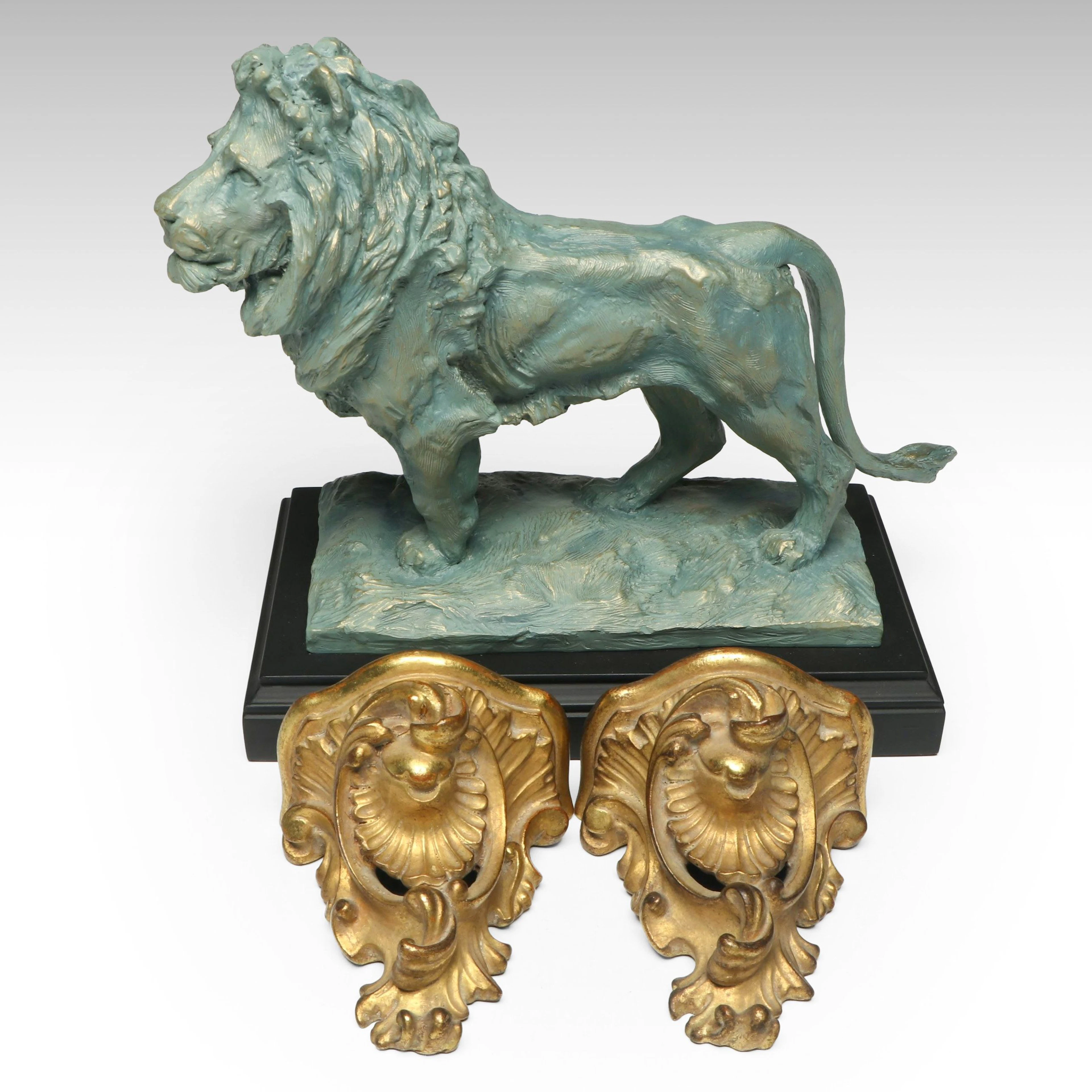 After Edward Kemeys Resin Lion Figurine with Scrolled Ceramic Sconces