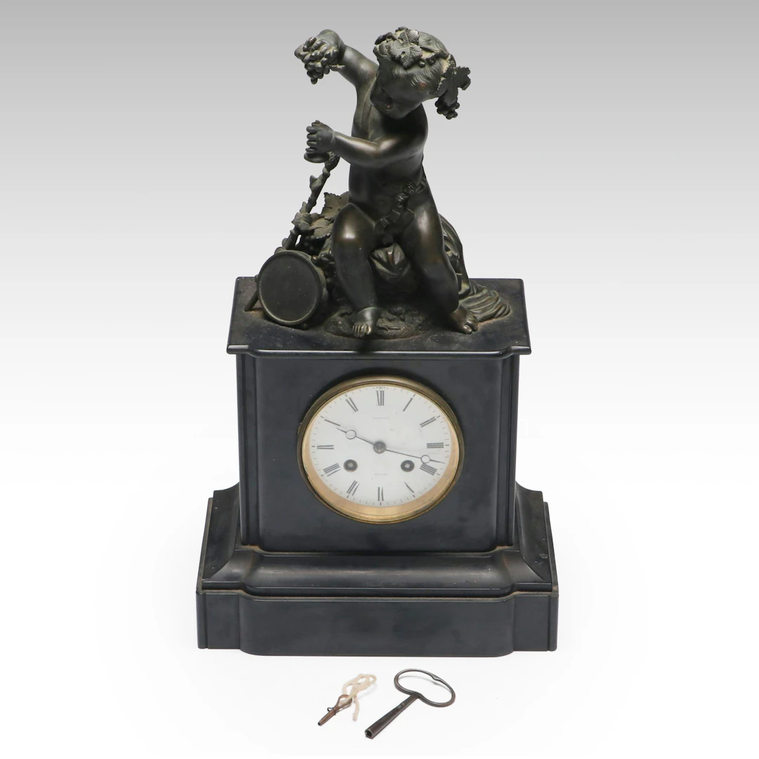 Tiffany & Co. French Empire Patinated Bronze Cherub Black Marble Mantel Clock