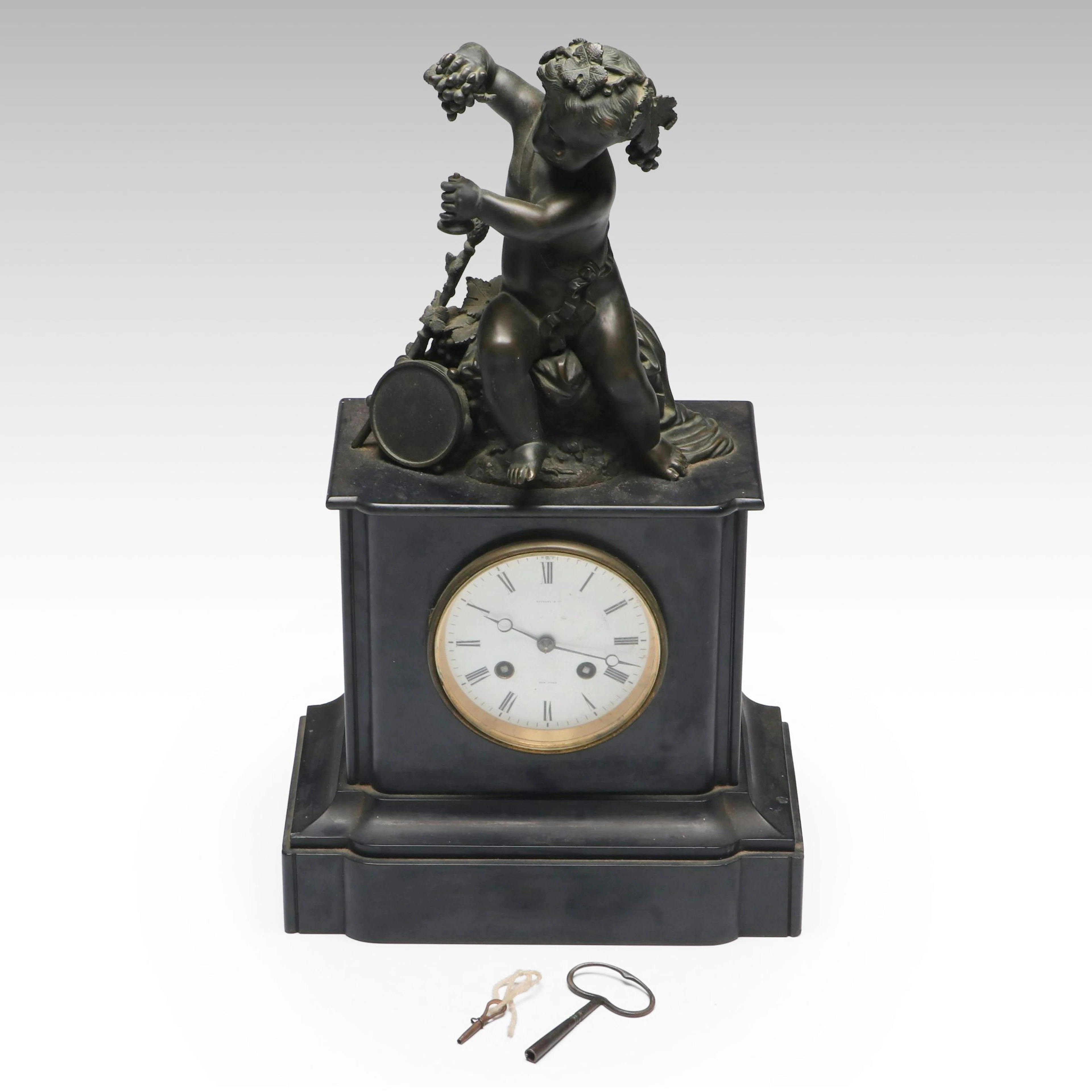 Tiffany & Co. French Empire Patinated Bronze Cherub Black Marble Mantel Clock