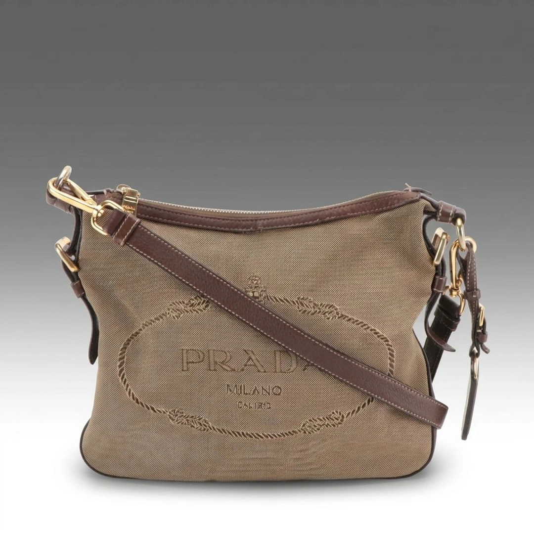 Prada Canapa Logo Jacquard Canvas and Vitello Daino Leather Flat Crossbody Bag