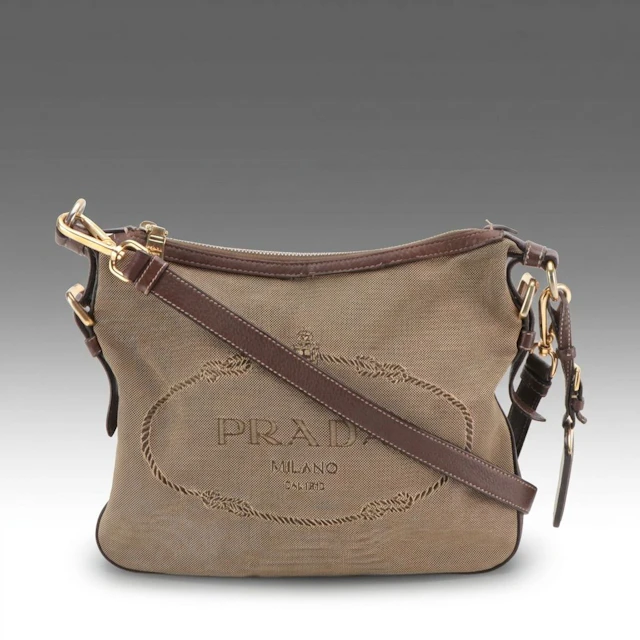 Prada Canapa Logo Jacquard Canvas and Vitello Daino Leather Flat Crossbody Bag