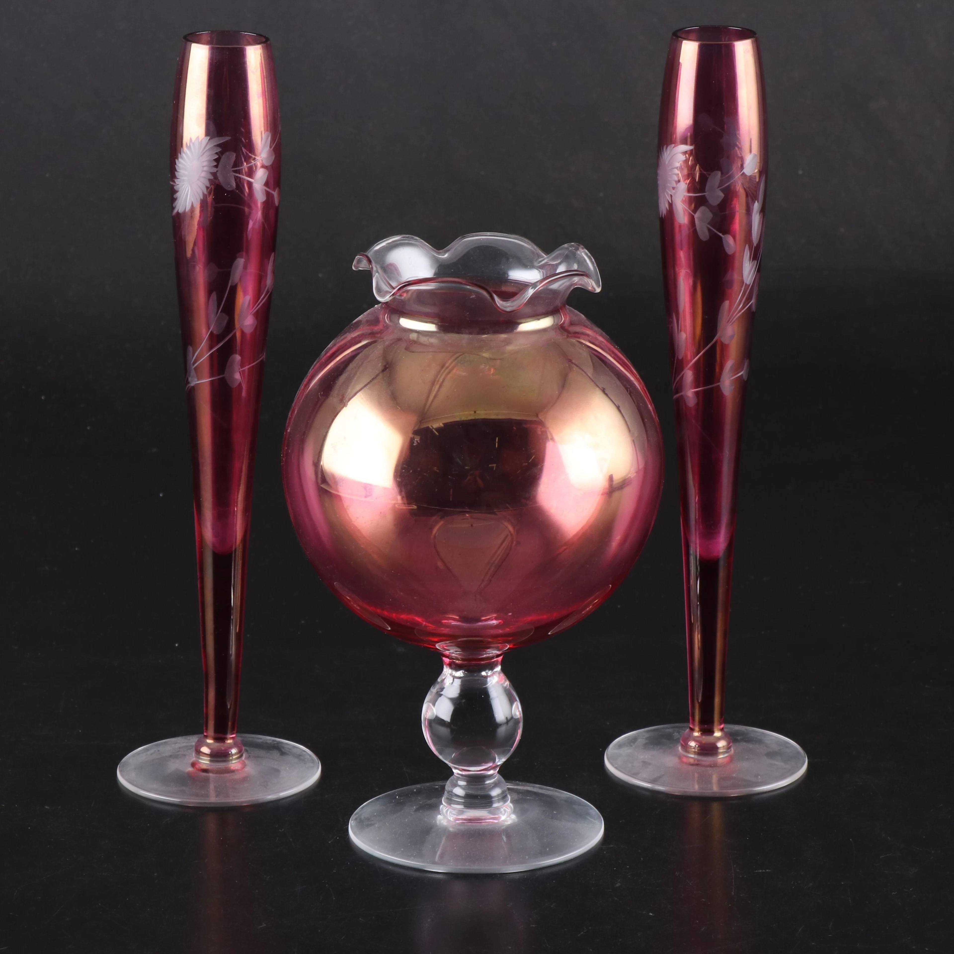 Mid-Century Pink Flashed Glass Rose Bowl with Floral Etched Bud Vases