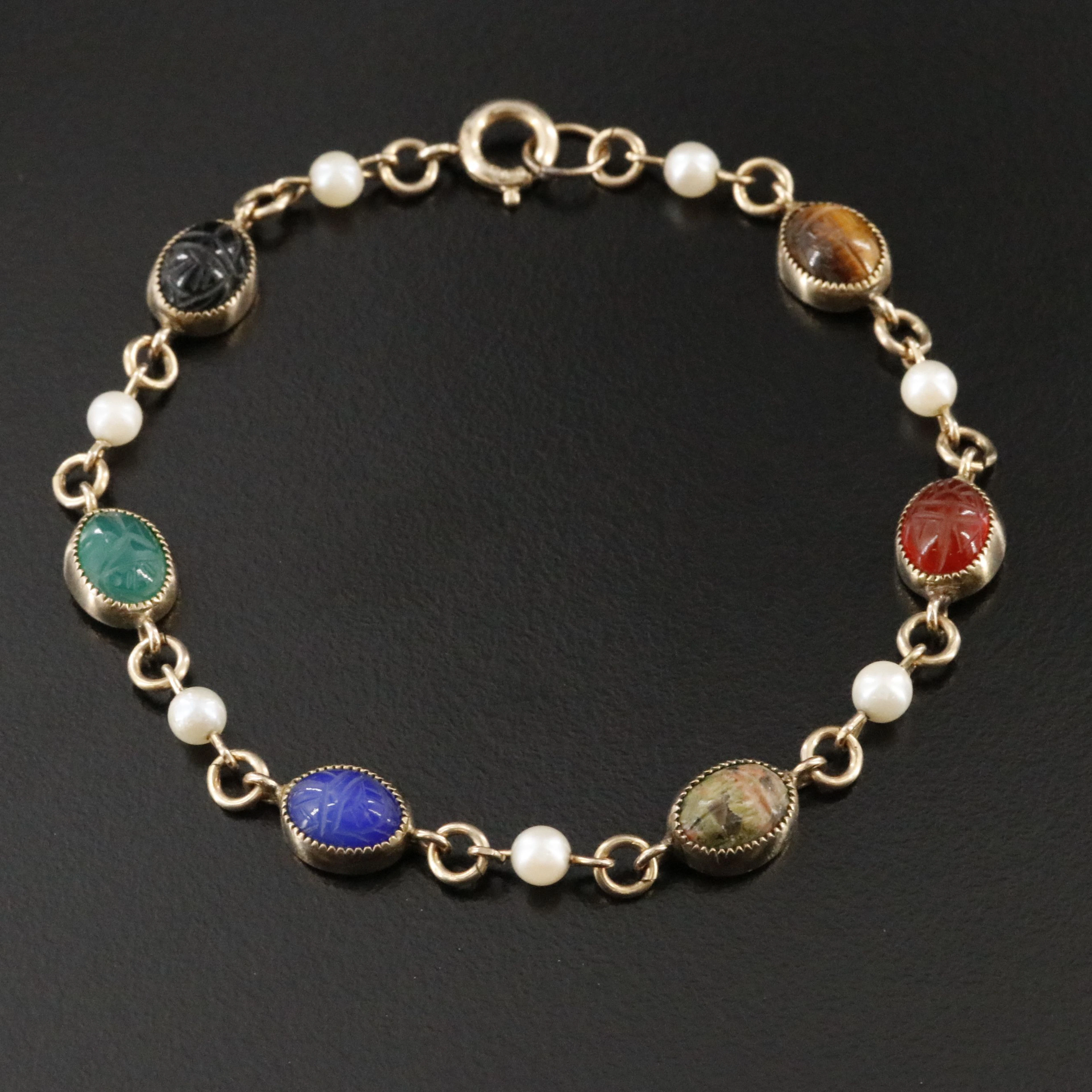 Gold-Filled Scarab Bracelet Featuring Pearls, Unakite and Tiger's Eye