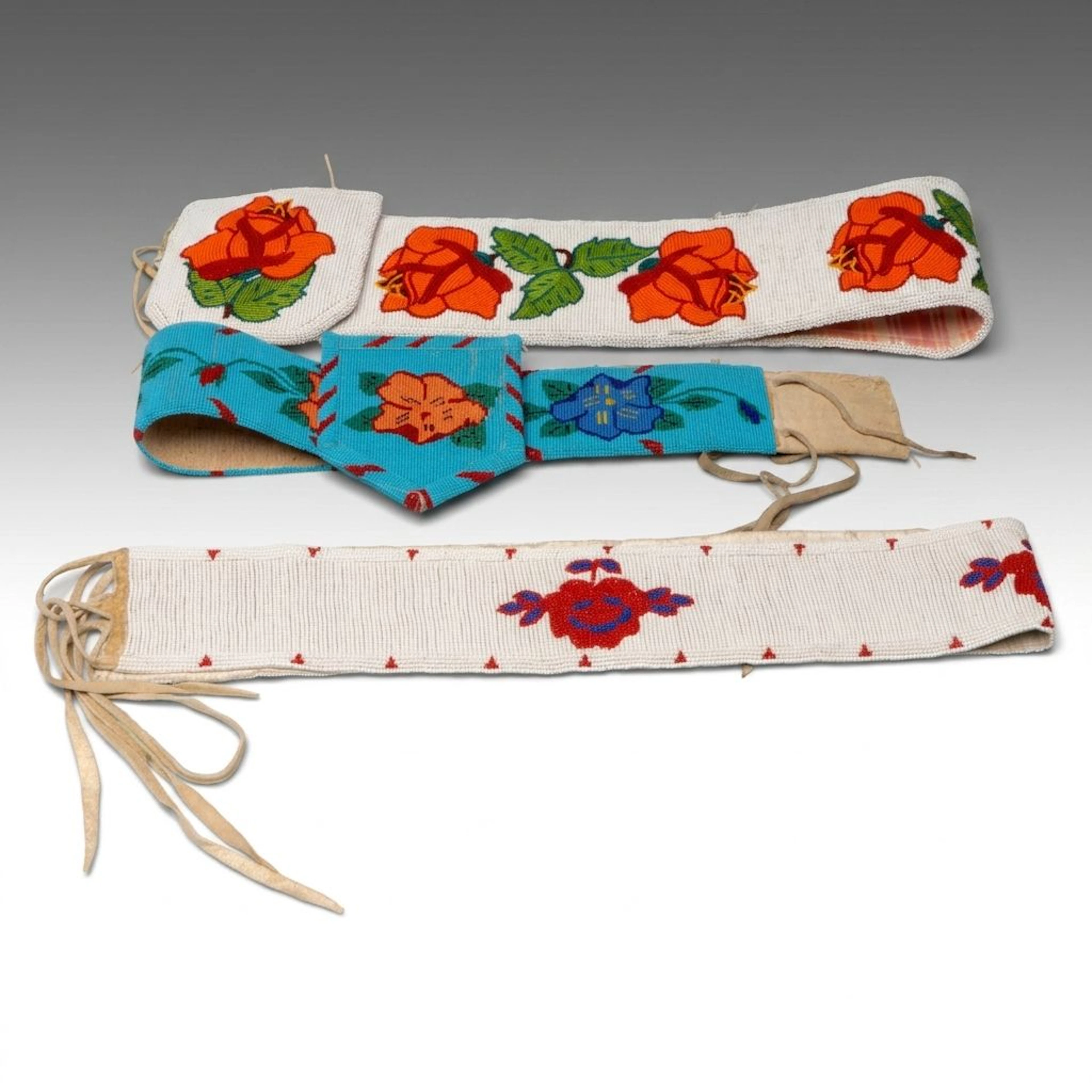 Hand-Beaded Native American Multicolor Floral Belts, 20th Century