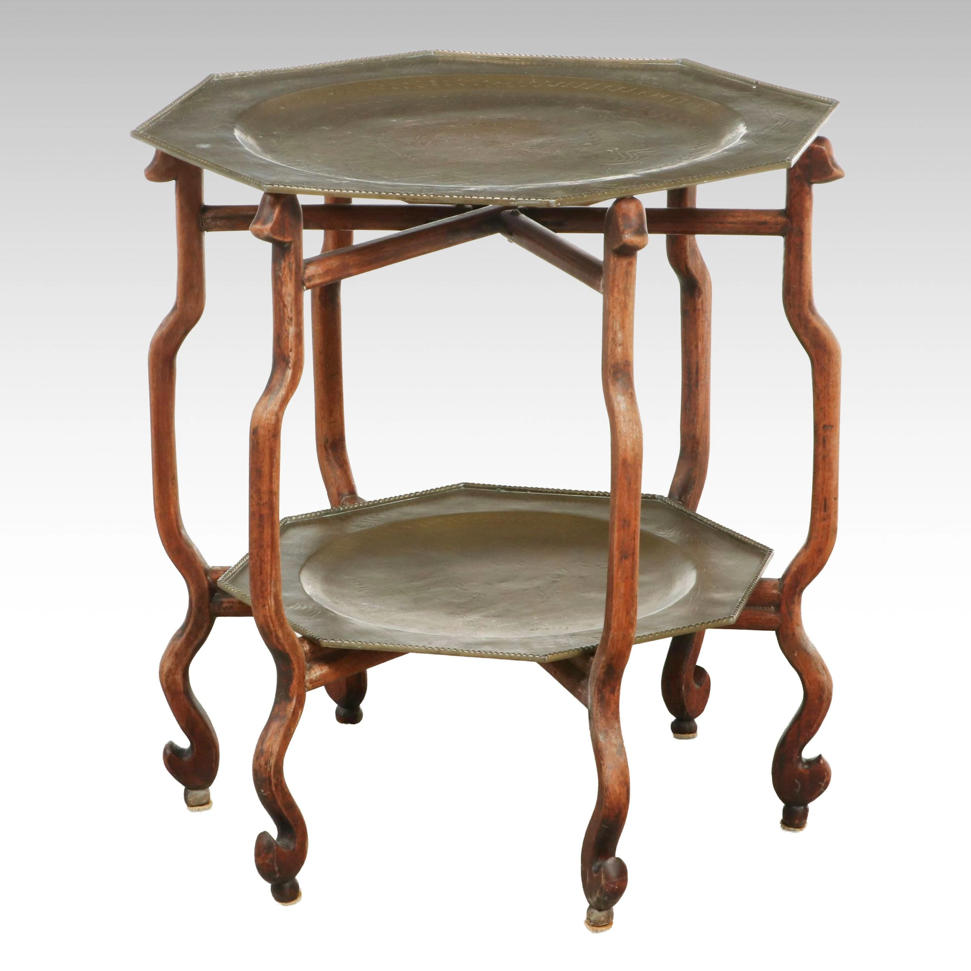 Persian Style Etched Brass Tray Two-Tier Table with Collapsible Wood Stand