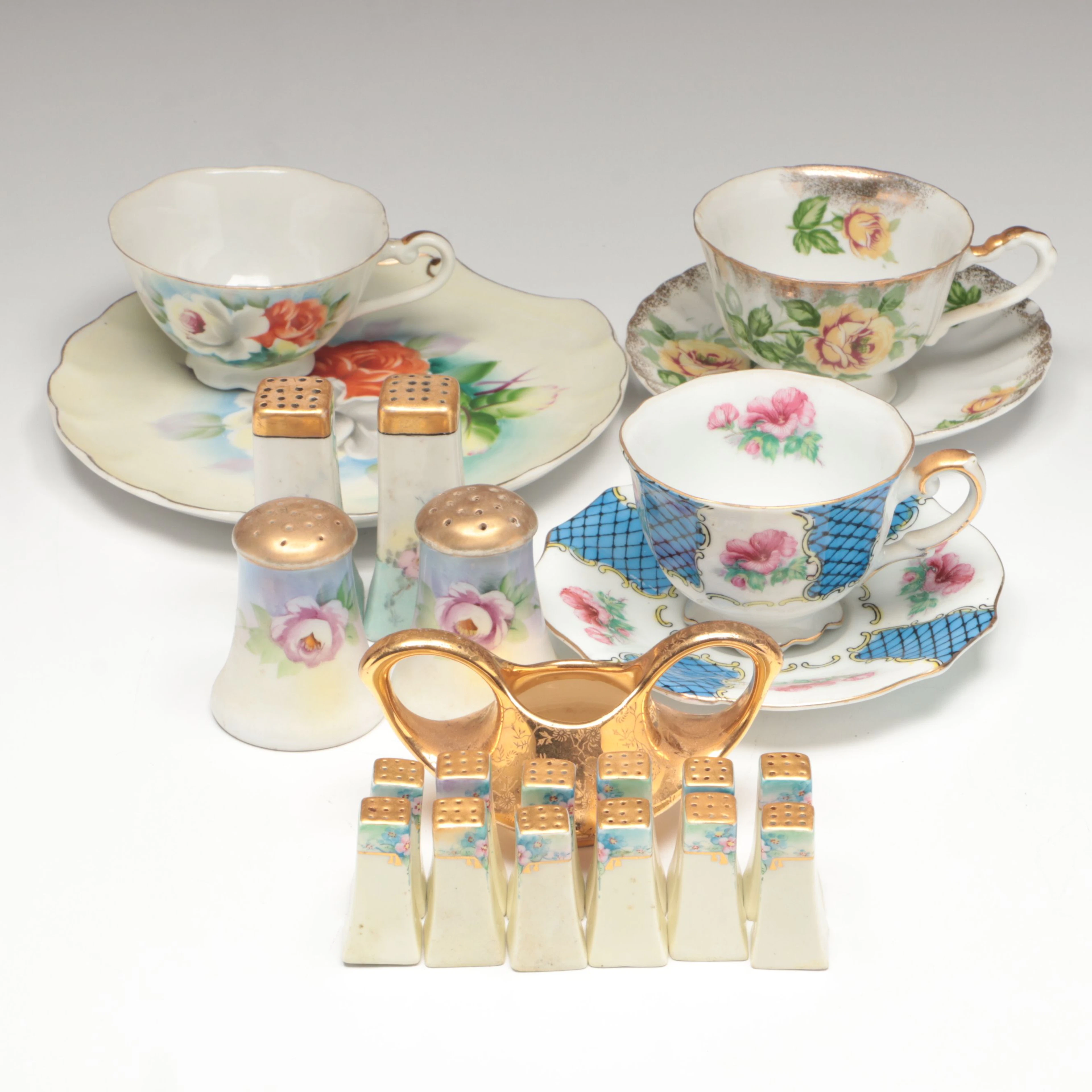Hobbyist Hand-Painted Art Nouveau Salt and Pepper Shakers with Japanese Teaware