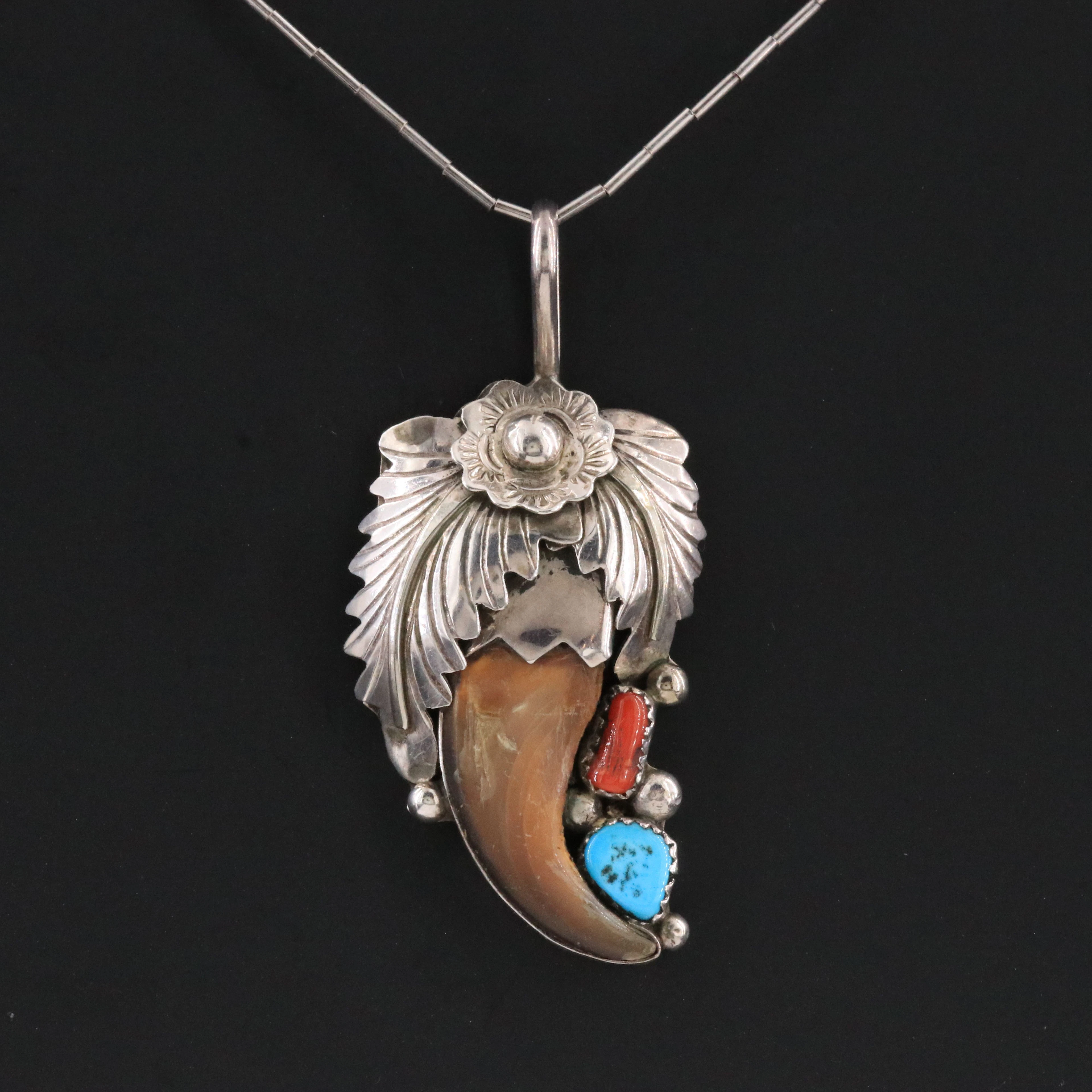 Southwestern Sterling Black Bear Claw, Coral and Turquoise Appliqué Necklace