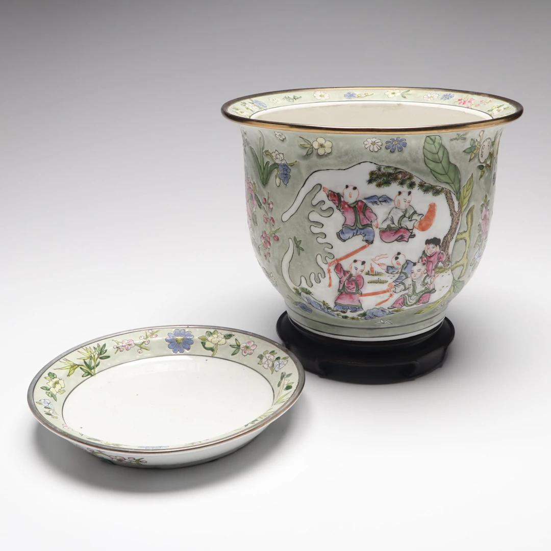 Chinese Floral Hand-Painted Porcelain Plate and Planter on Wood Base