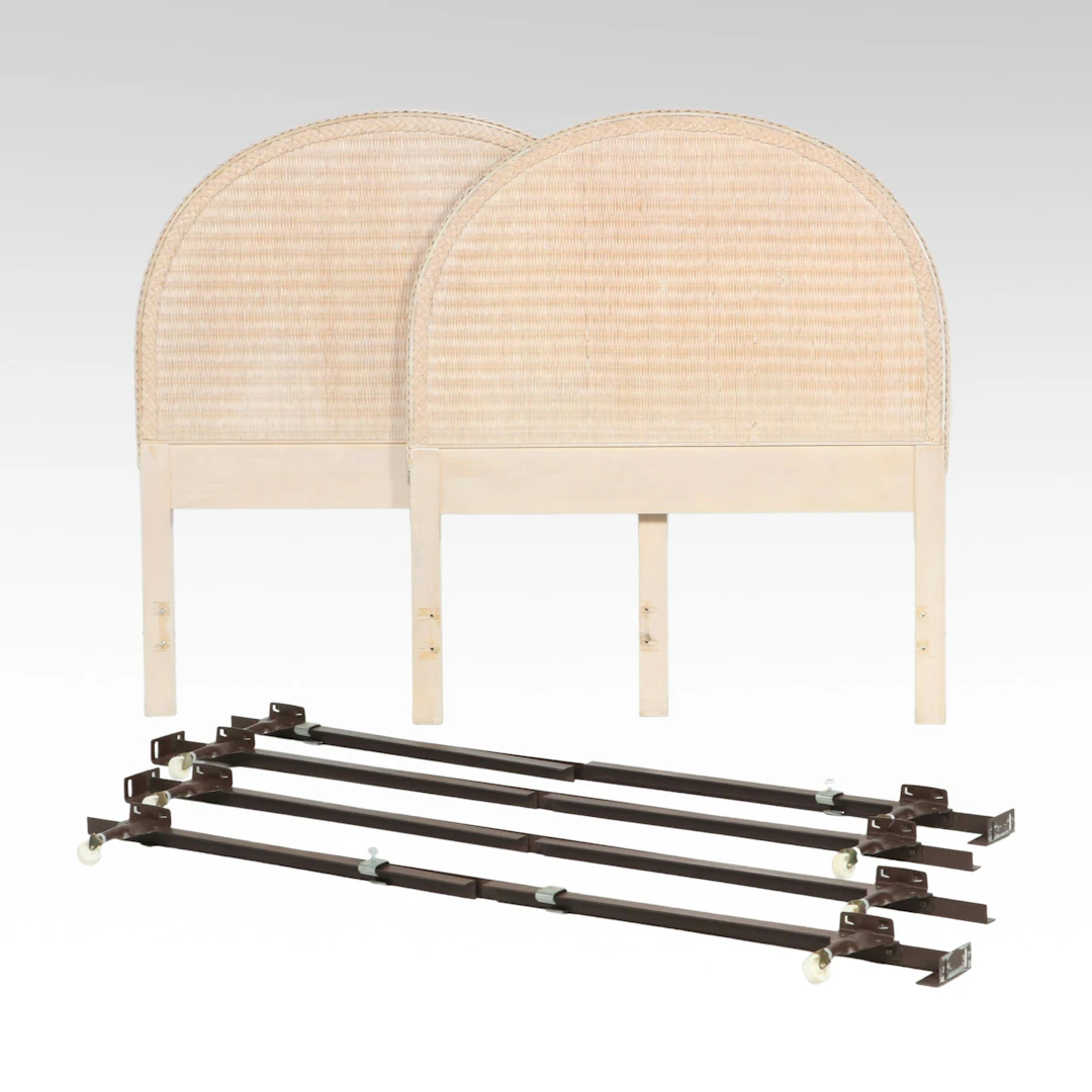 Pair of Mantua Woven Rattan Twin Headboards and Metal Bed Frame Rails