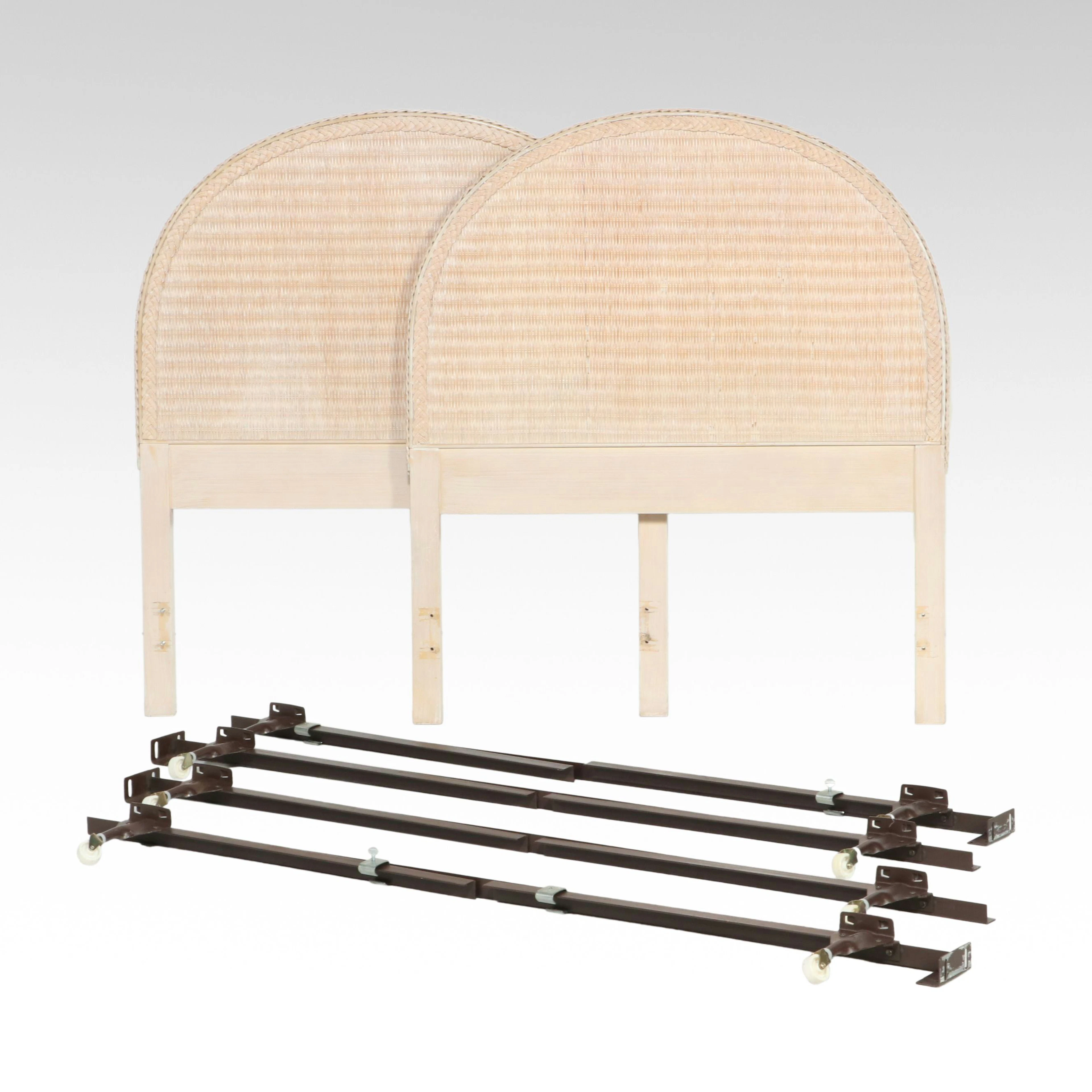 Pair of Mantua Woven Rattan Twin Headboards and Metal Bed Frame Rails