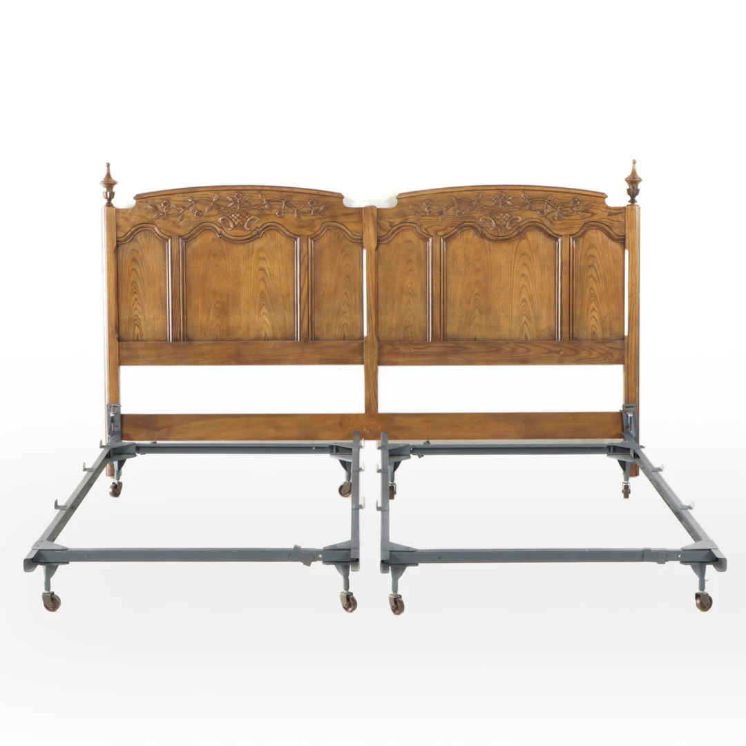 Baker Furniture French Provincial Style Oak Headboard with Bedding and Pillows