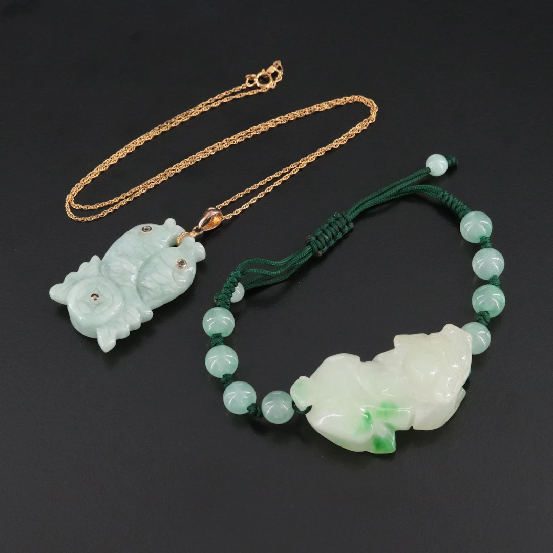 Jadeite and Aventurine Bracelet and Necklace with Sterling and Fish