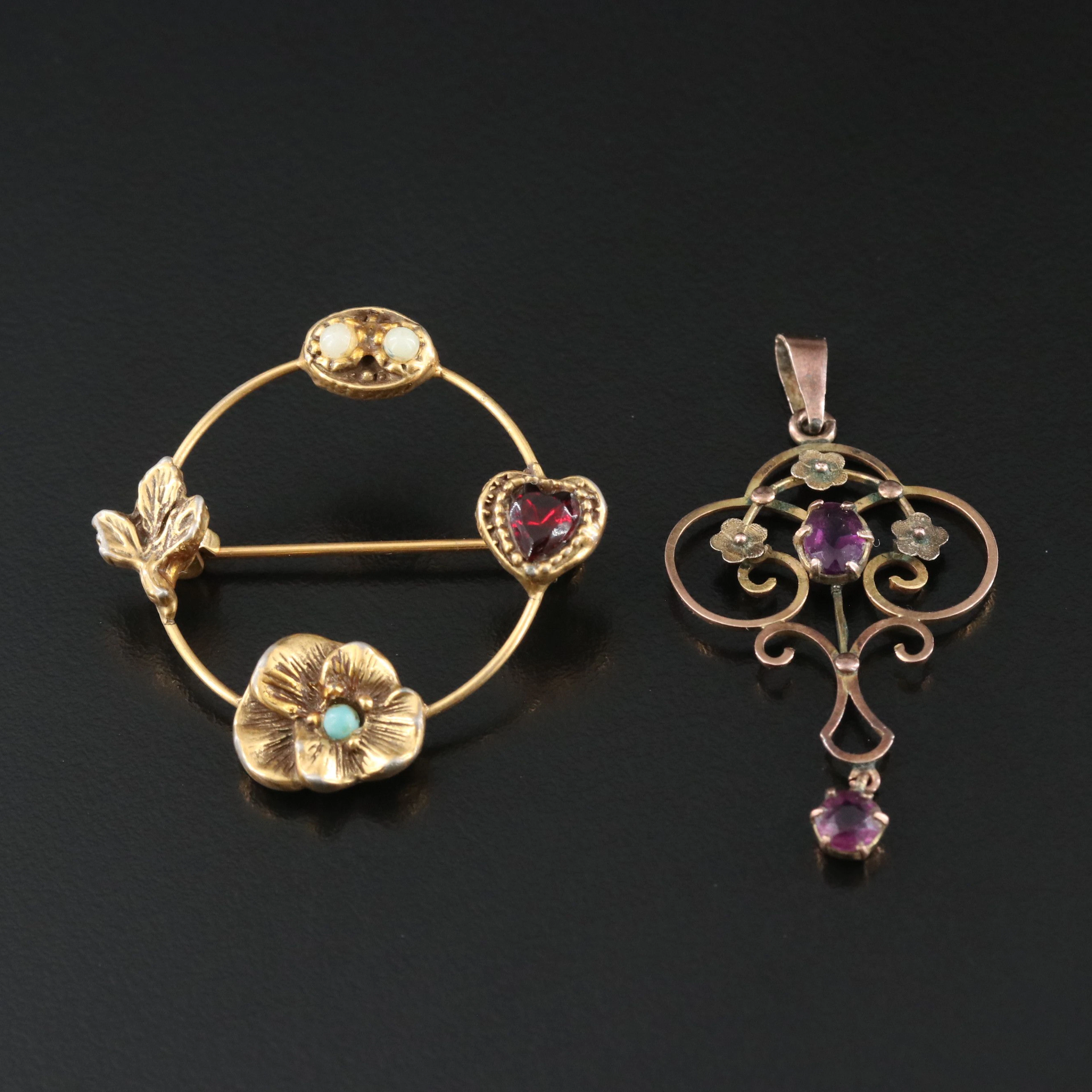 Art Nouveau 10K Rose Gold Pendant and Vintage Circle Brooch