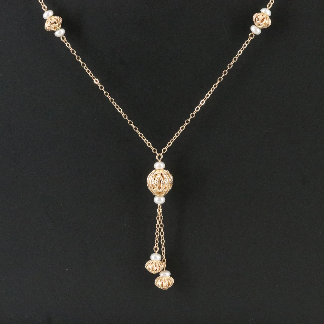 14K Pearl Filigree Station Necklace
