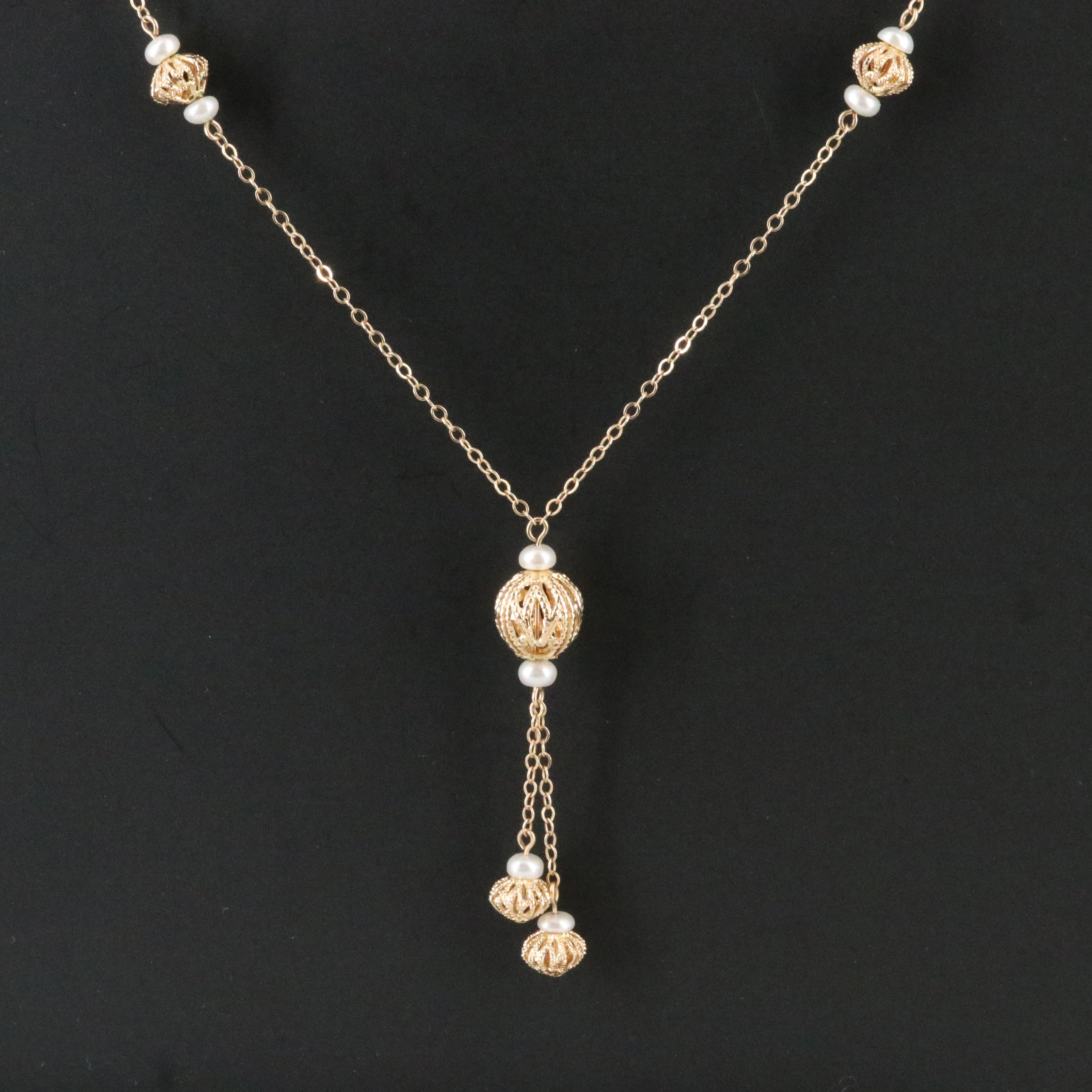 14K Pearl Filigree Station Necklace