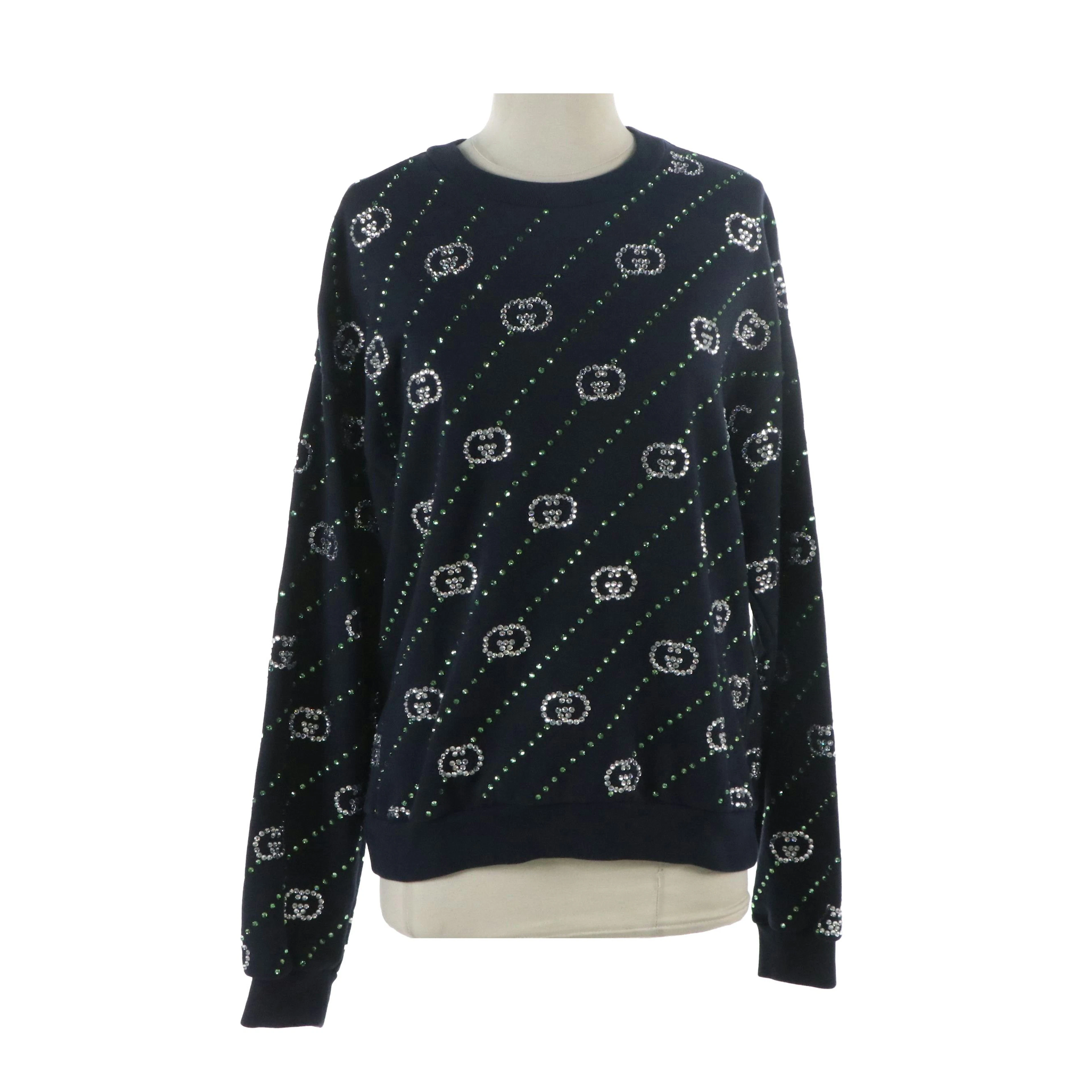 Gucci Interlocking GG Crystal Navy Cotton Crew Neck Sweatshirt