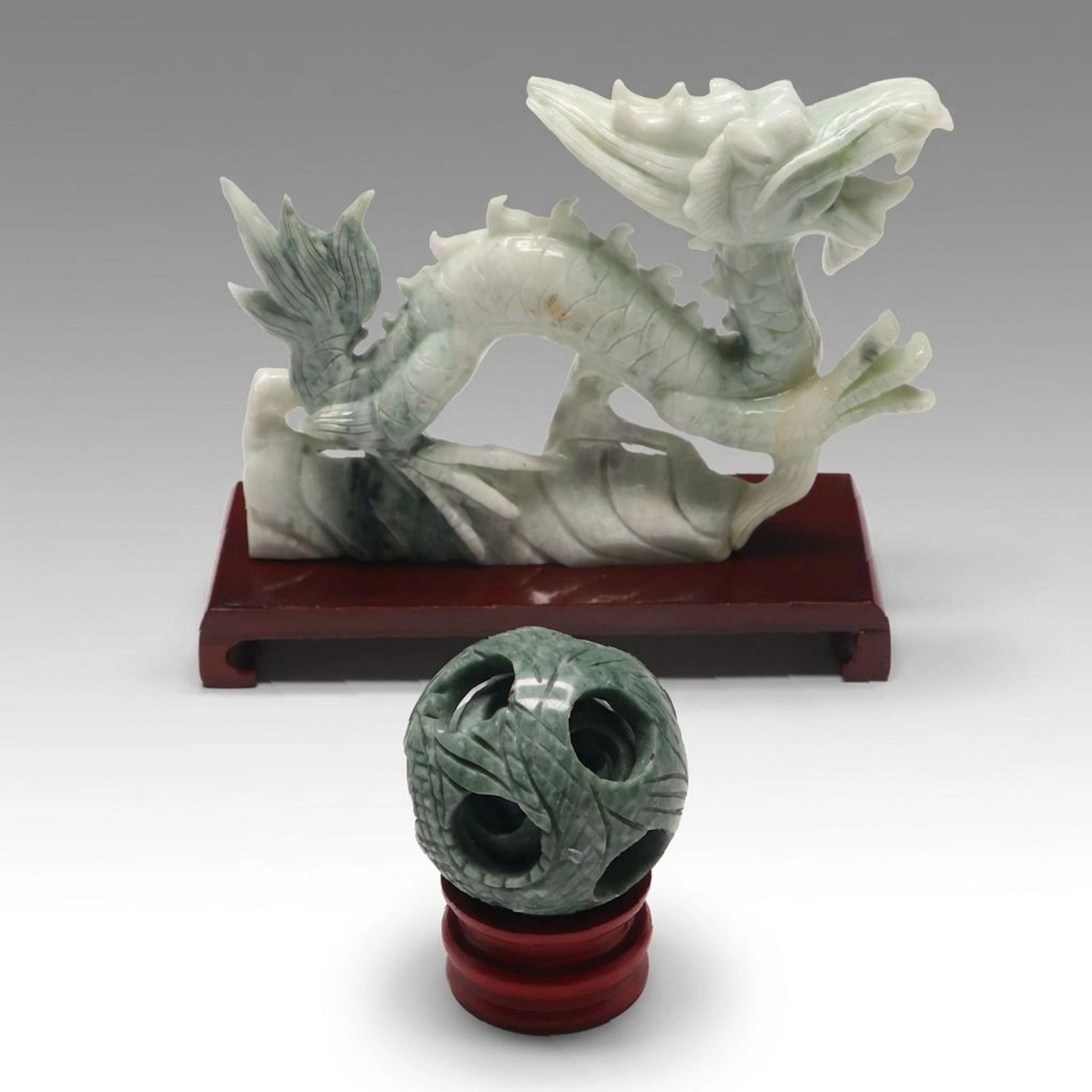Chinese Carved Serpentine Dragon Figure with Puzzle Ball
