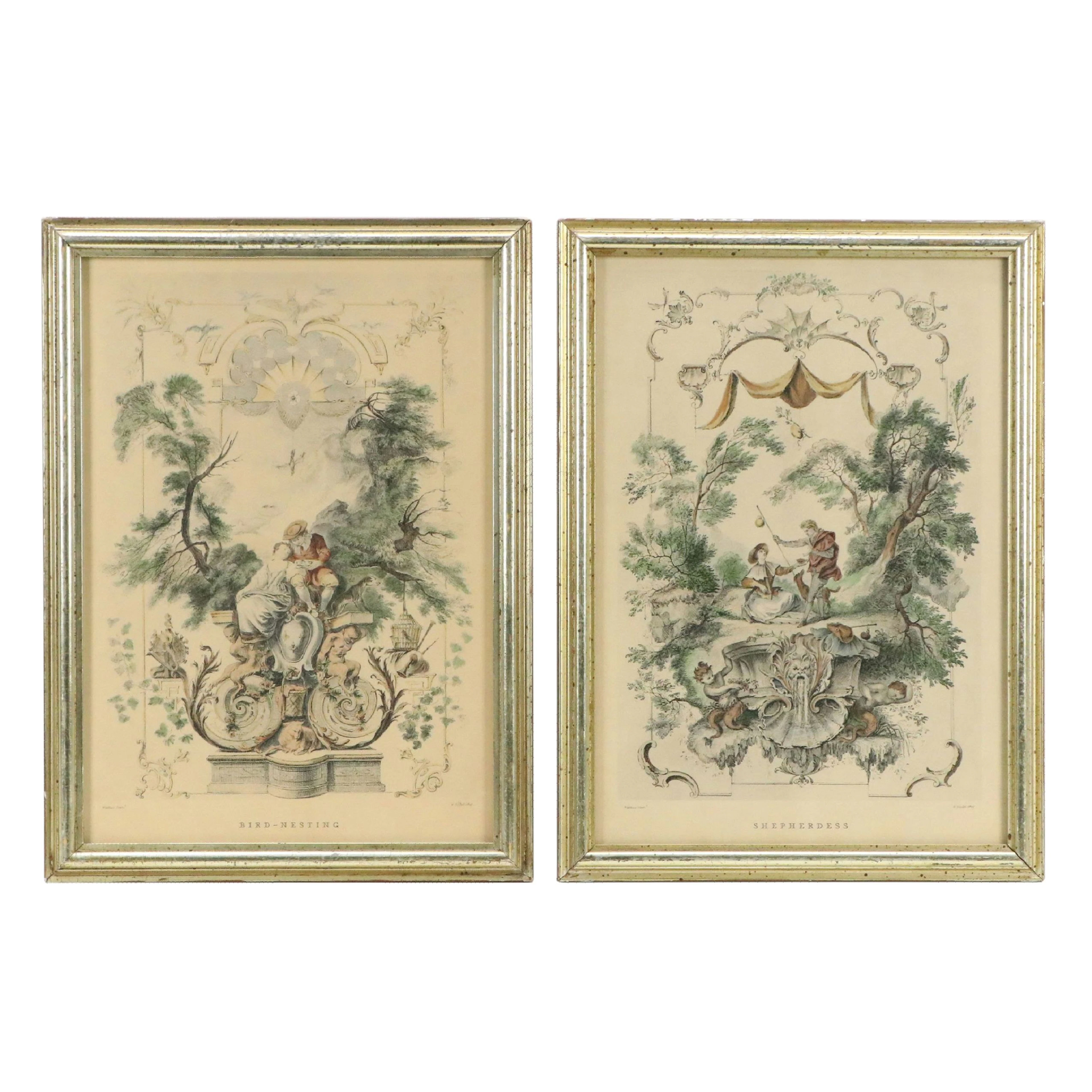 Hand-Colored Lithographs After Jean-Antoine Watteau Including "Shepherdess"