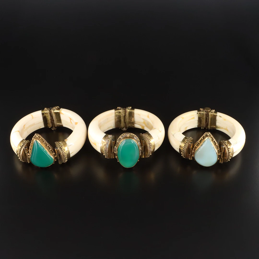Indian Brass Bone & Chalcedony Bracelets