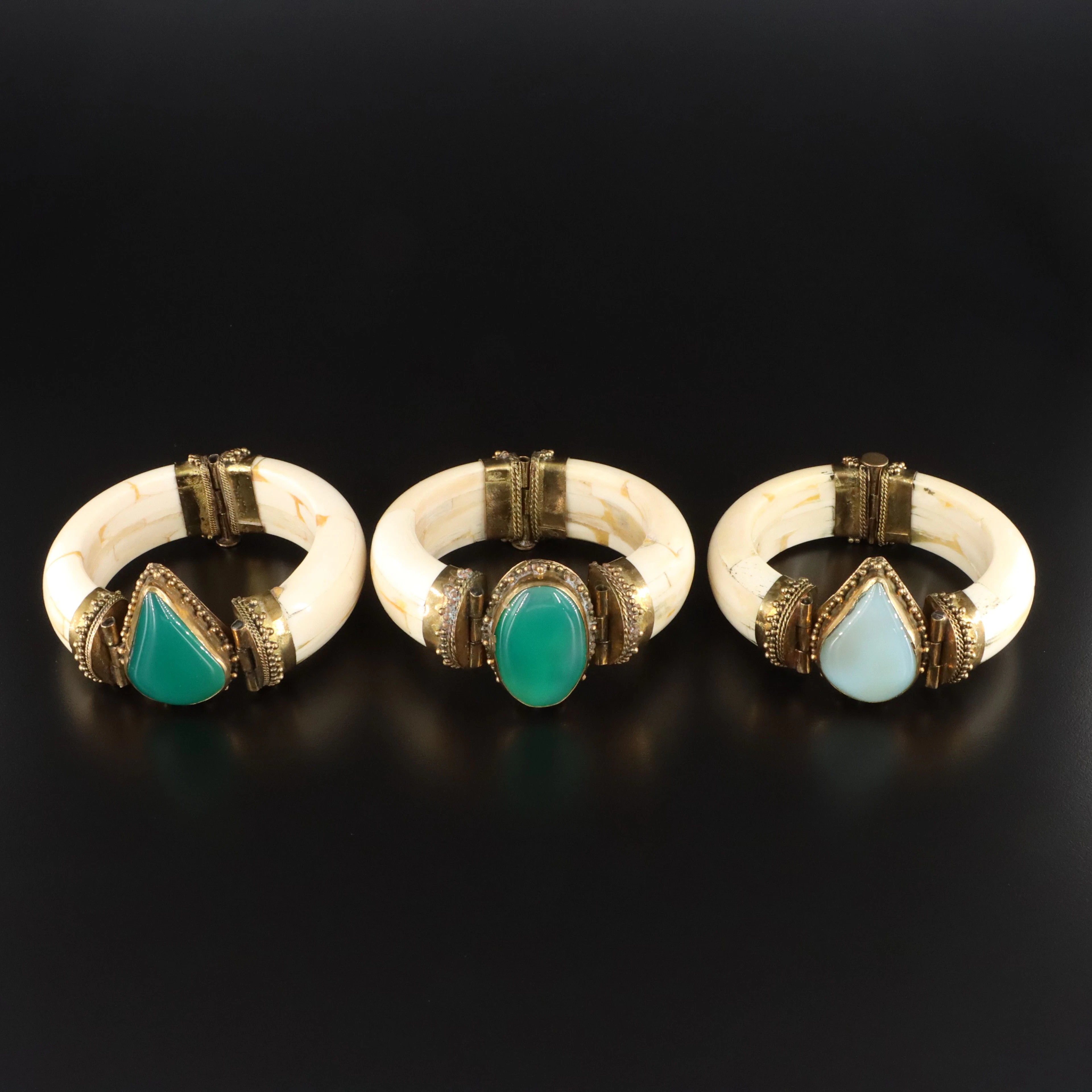 Indian Brass Bone & Chalcedony Bracelets