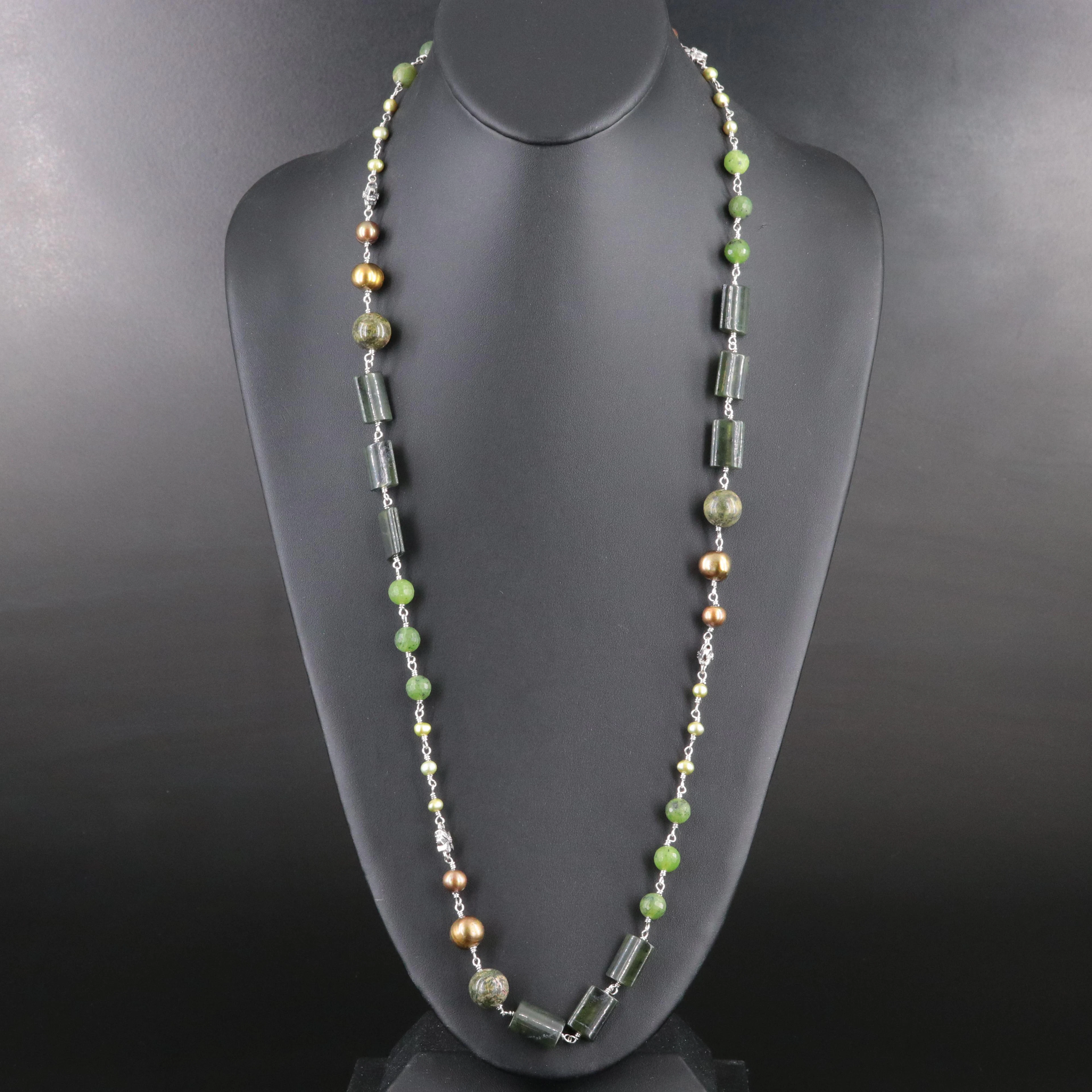 Stephen Dweck "TerraAquatic" Sterling Nephrite, Pearl and Unakite Necklace