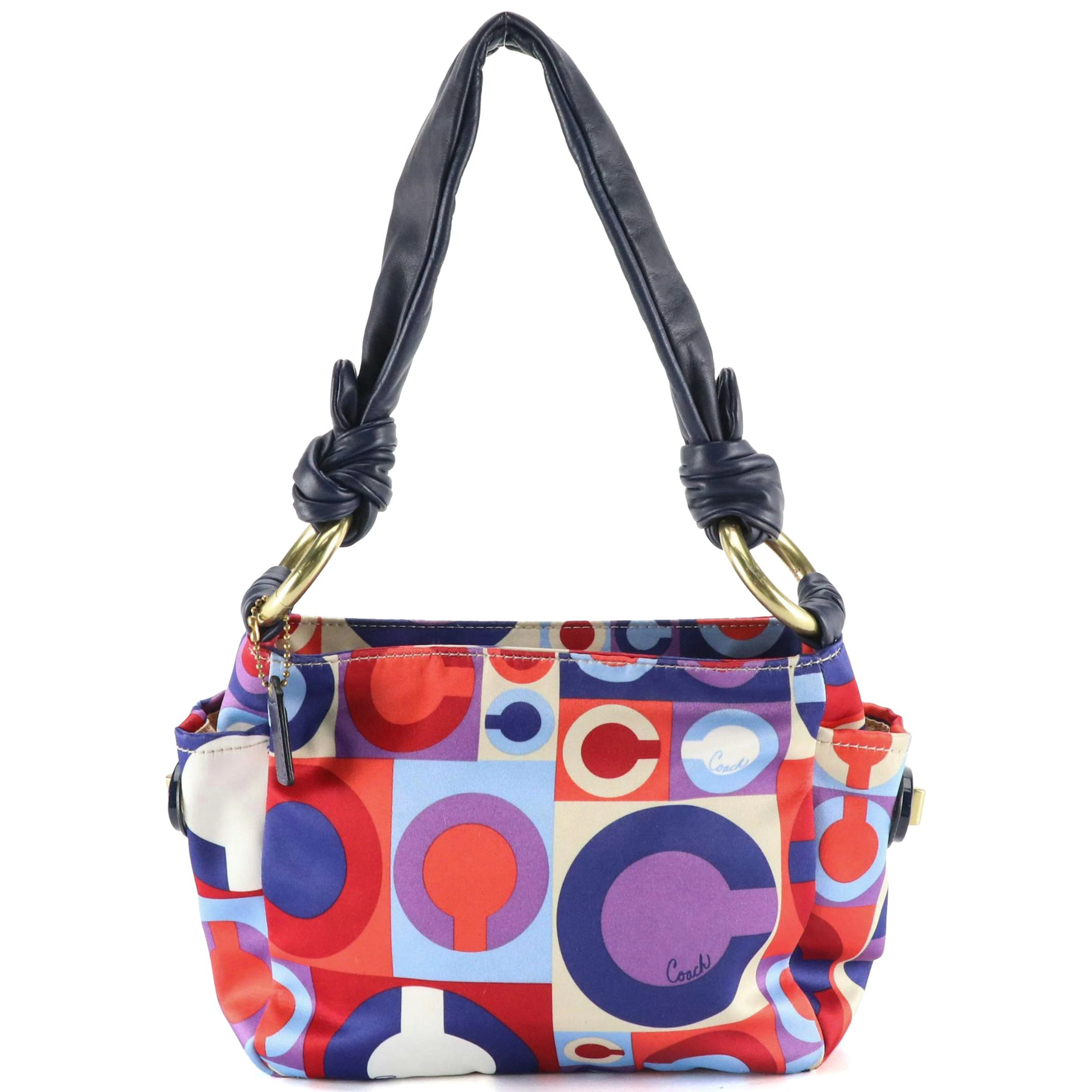 Coach Resort Scarf Optic Art Printed Satin Handbag with Leather Bow Strap