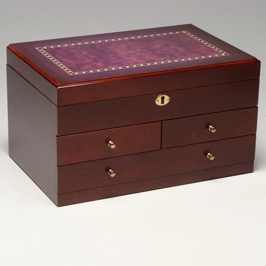 Mele & Co. Cherry Wood with Faux Inlay Jewelry Box , 21st C.