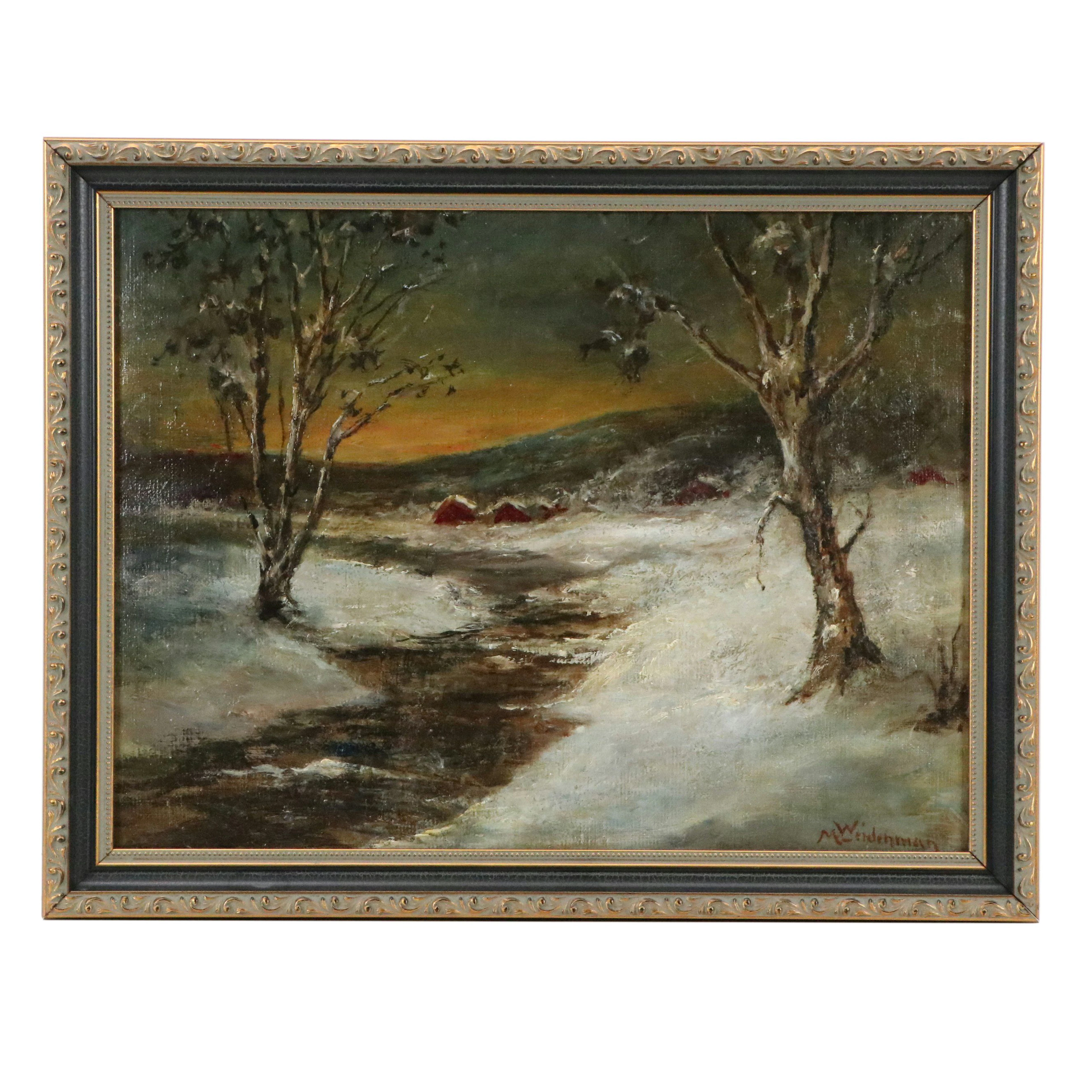 Marguerite Weidenman Oil Painting of Winter Creek Landscape