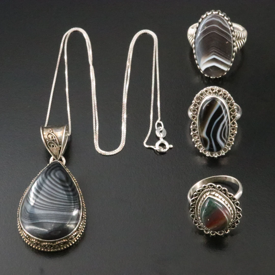 Sterling Gemstone Jewelry Collection with Agate, Psilomelane, and Bloodstone