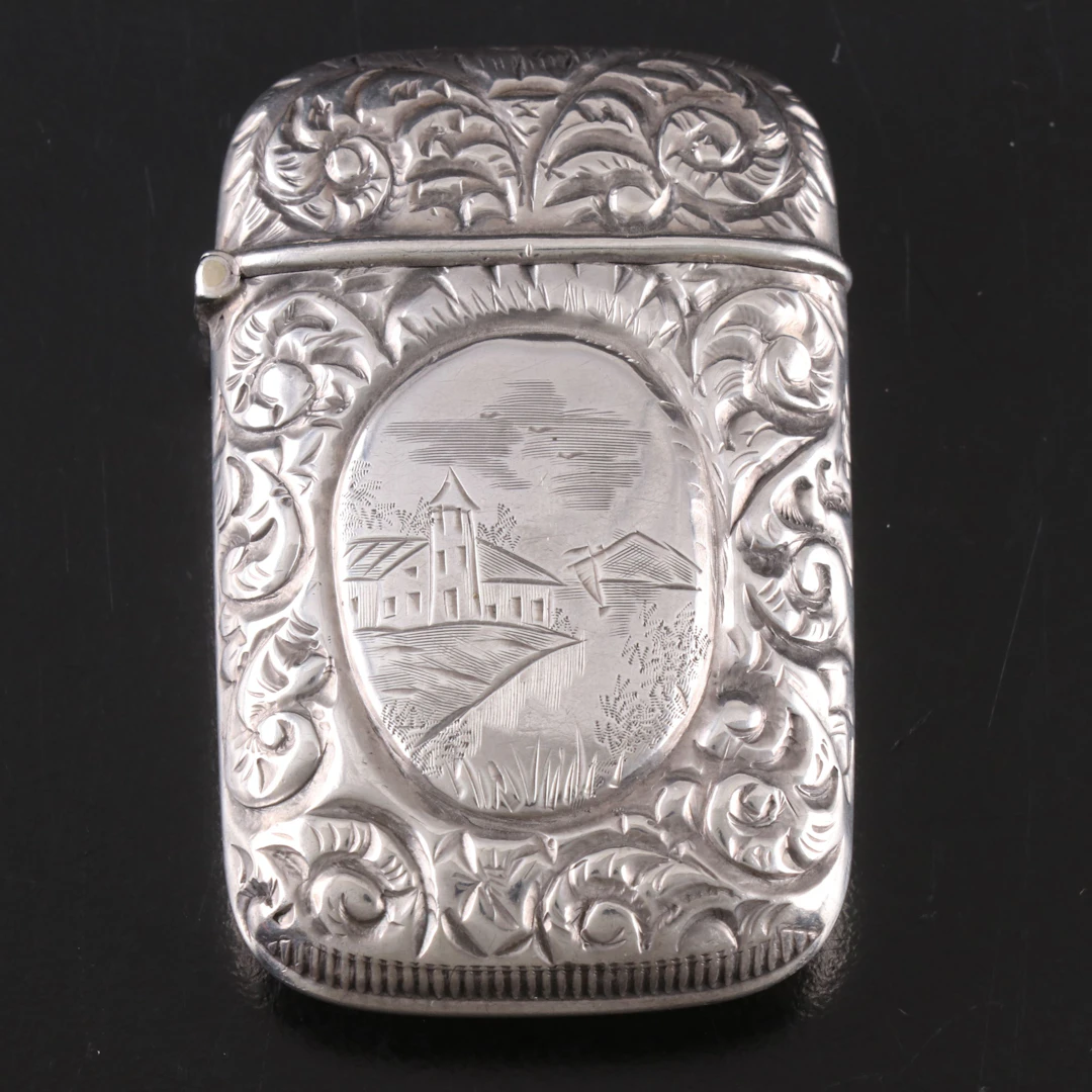 American Landscape Etched Floral Repoussé Sterling Silver Match Safe