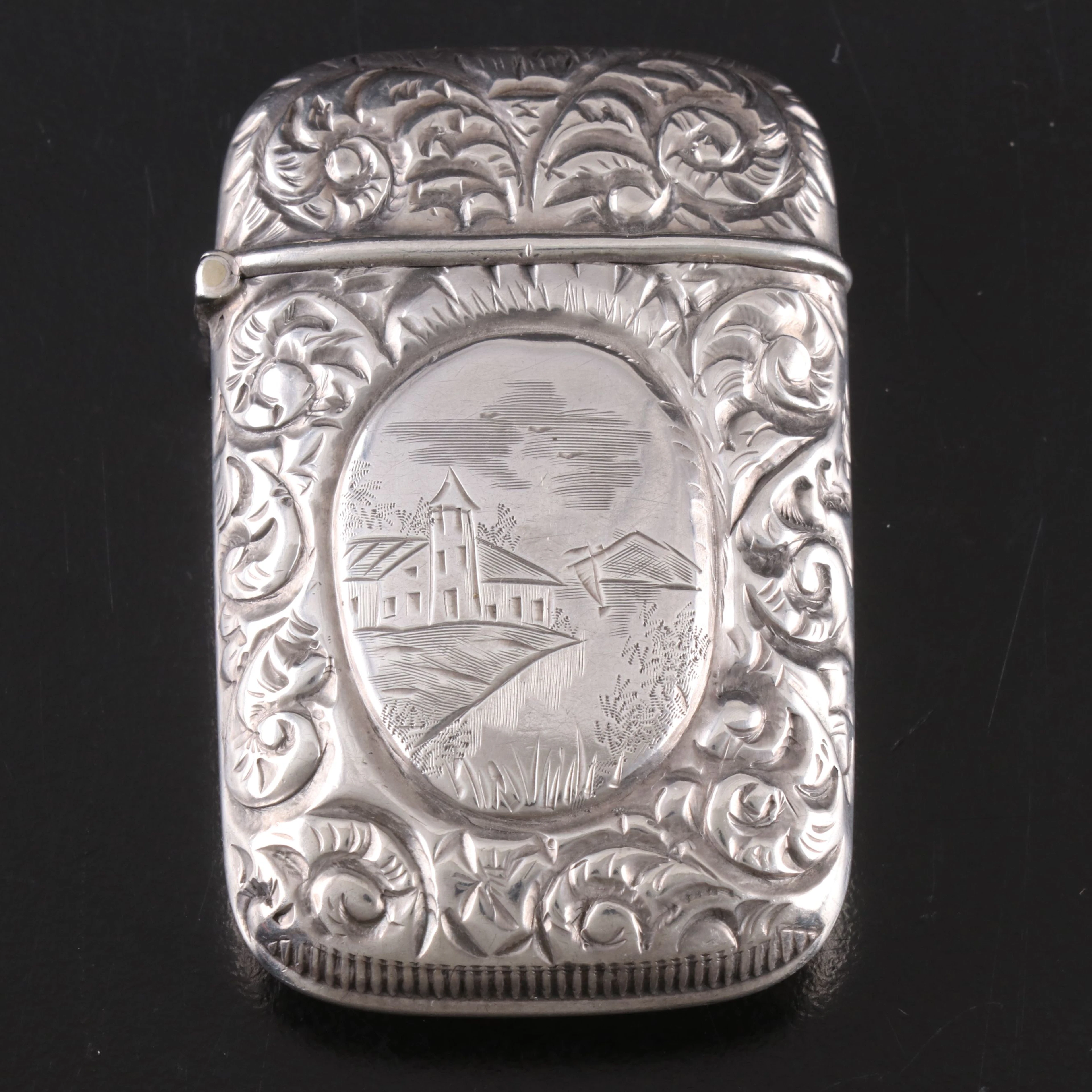 American Landscape Etched Floral Repoussé Sterling Silver Match Safe