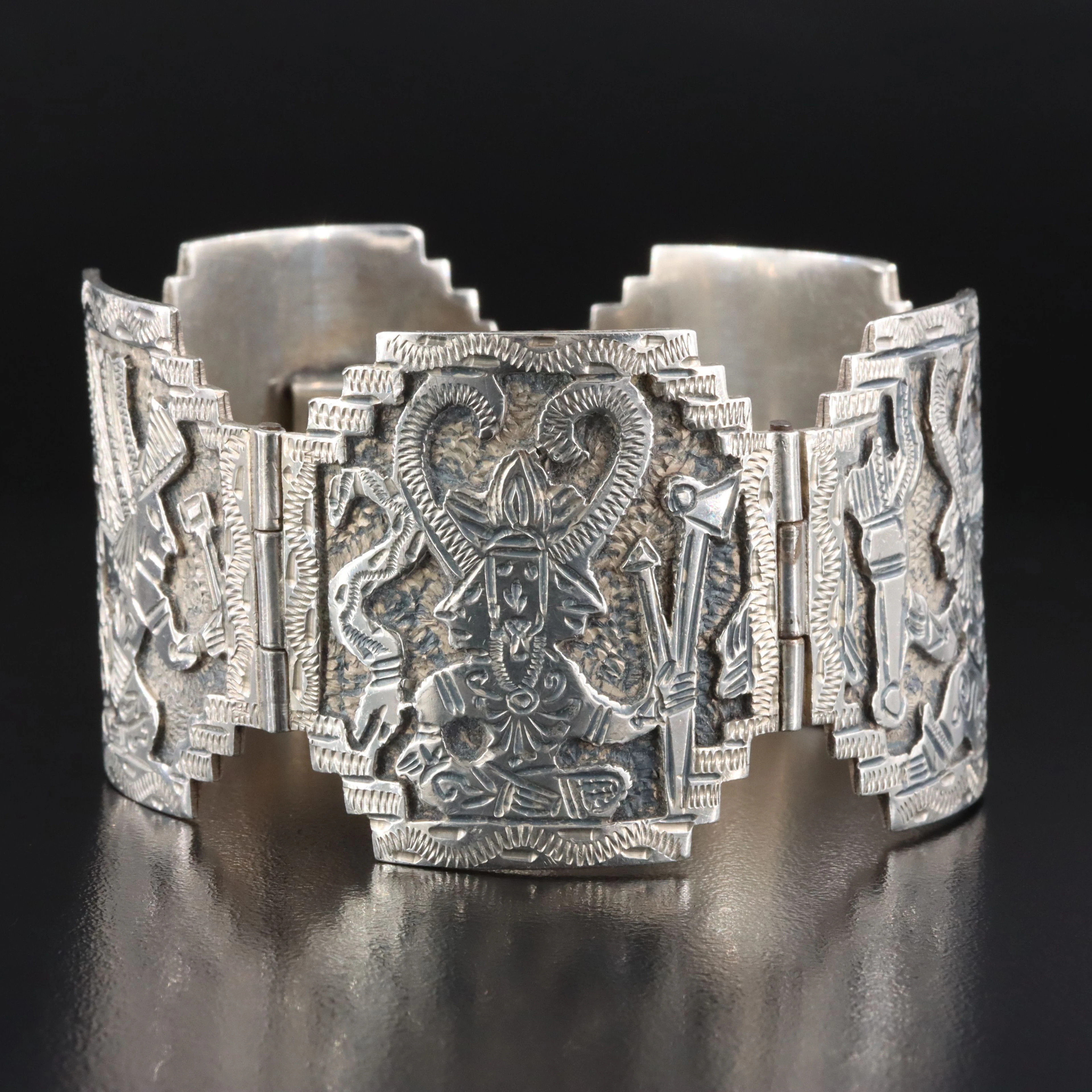 Mexican Sterling Aztec Deities Overlay Panel Bracelet