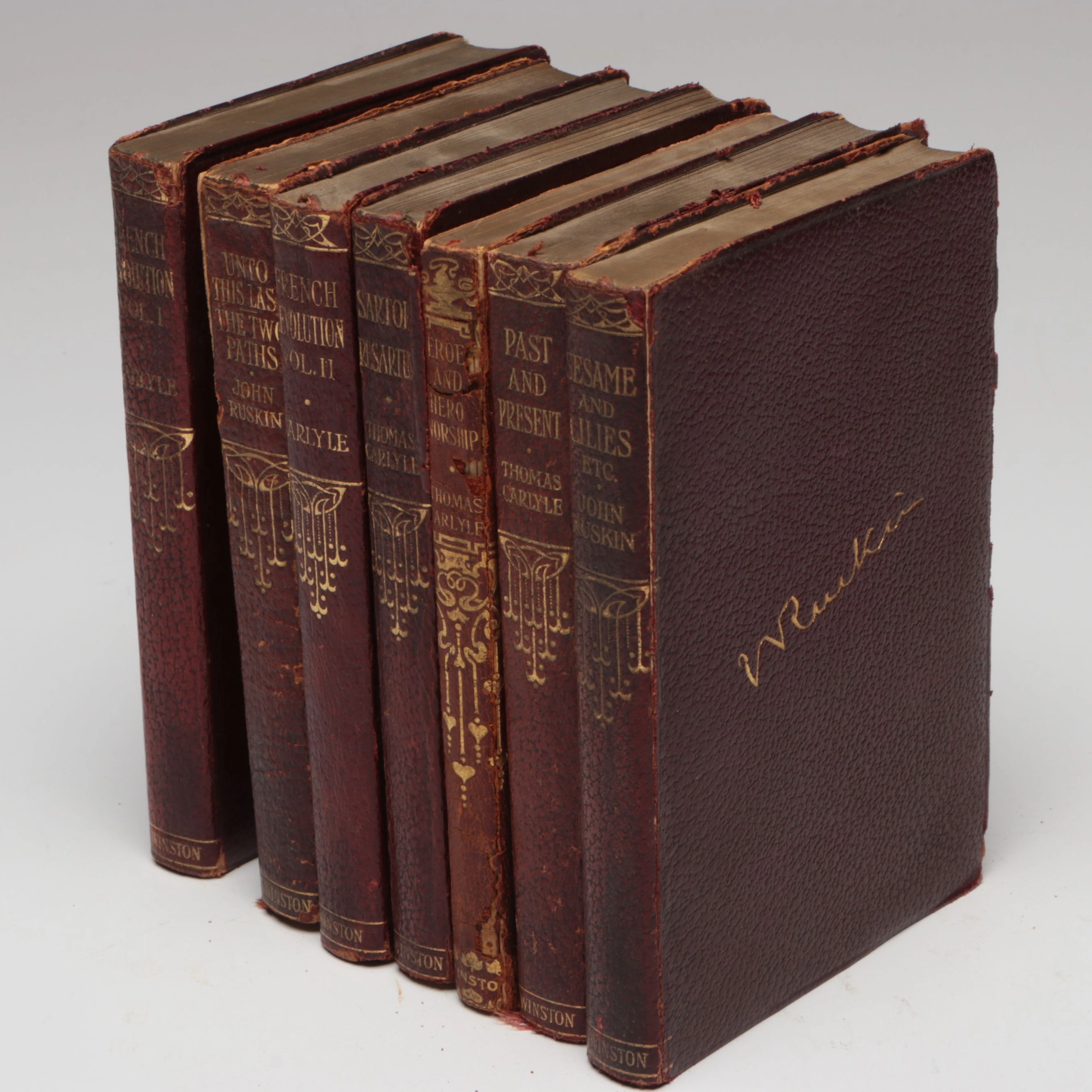 Leather Bound Works by Thomas Carlyle and John Ruskin, Early 20th C.