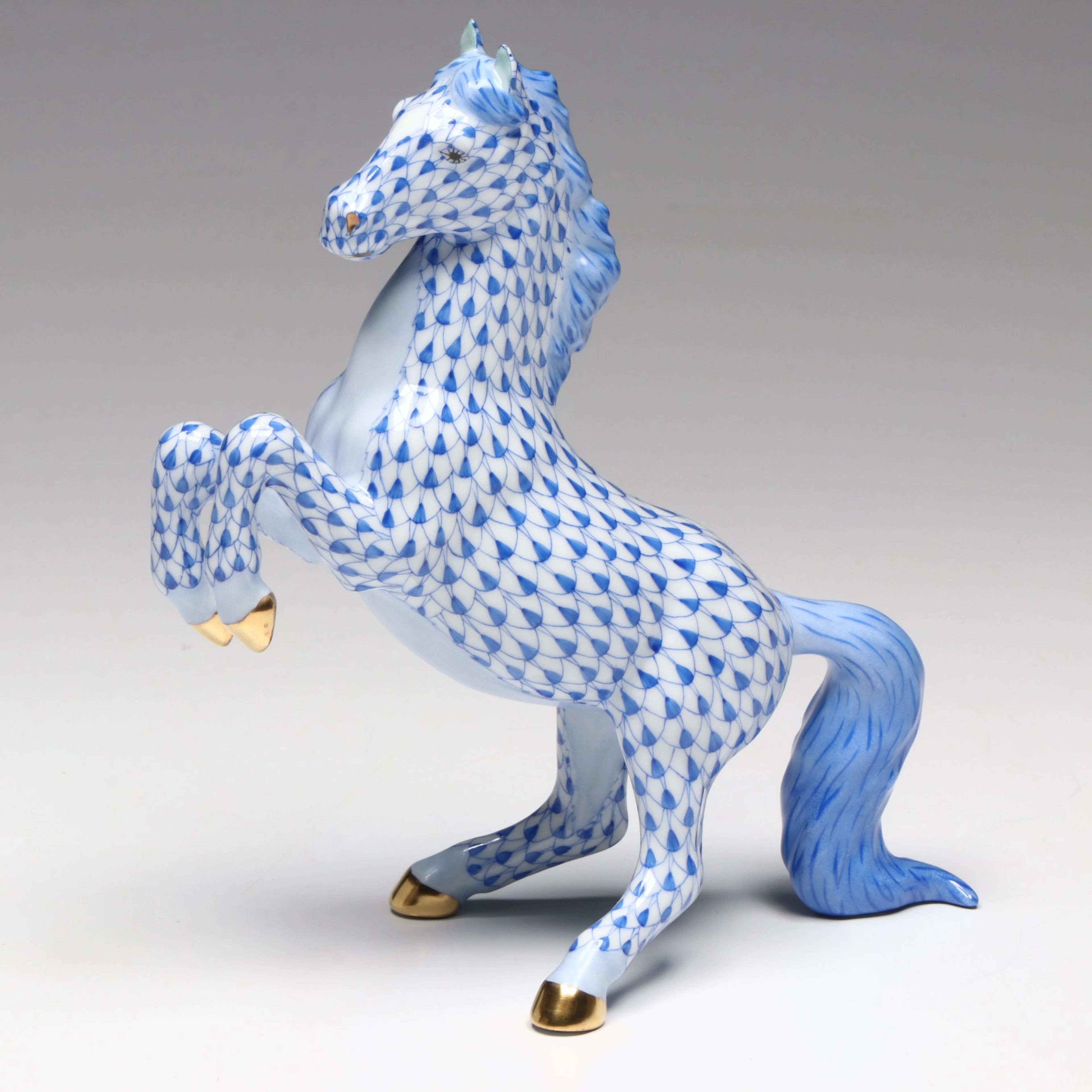 Herend Sapphire Fishnet with Gold “Prancing Horse” Porcelain Figurine