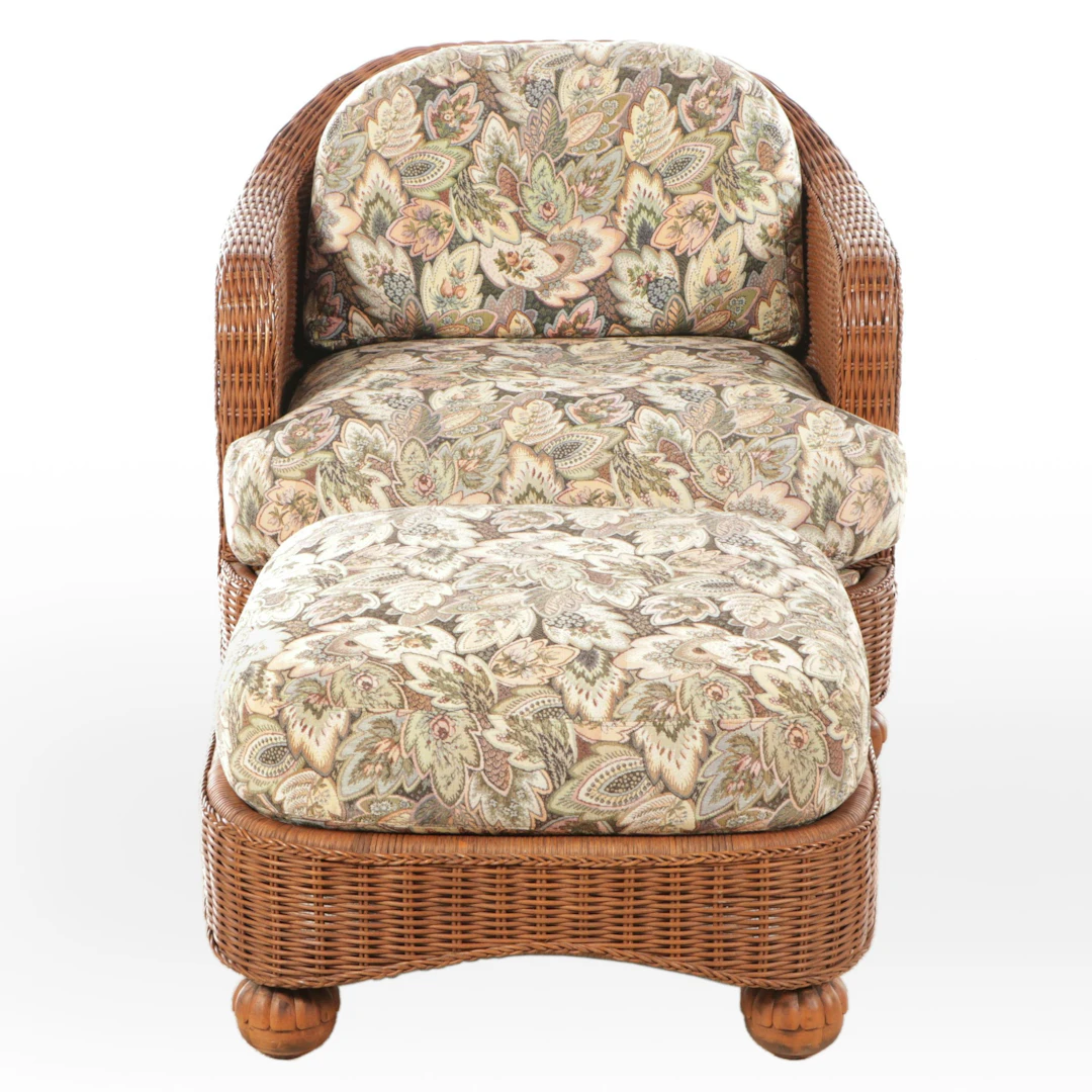 Wicker and Upholstered Armchair with Ottoman