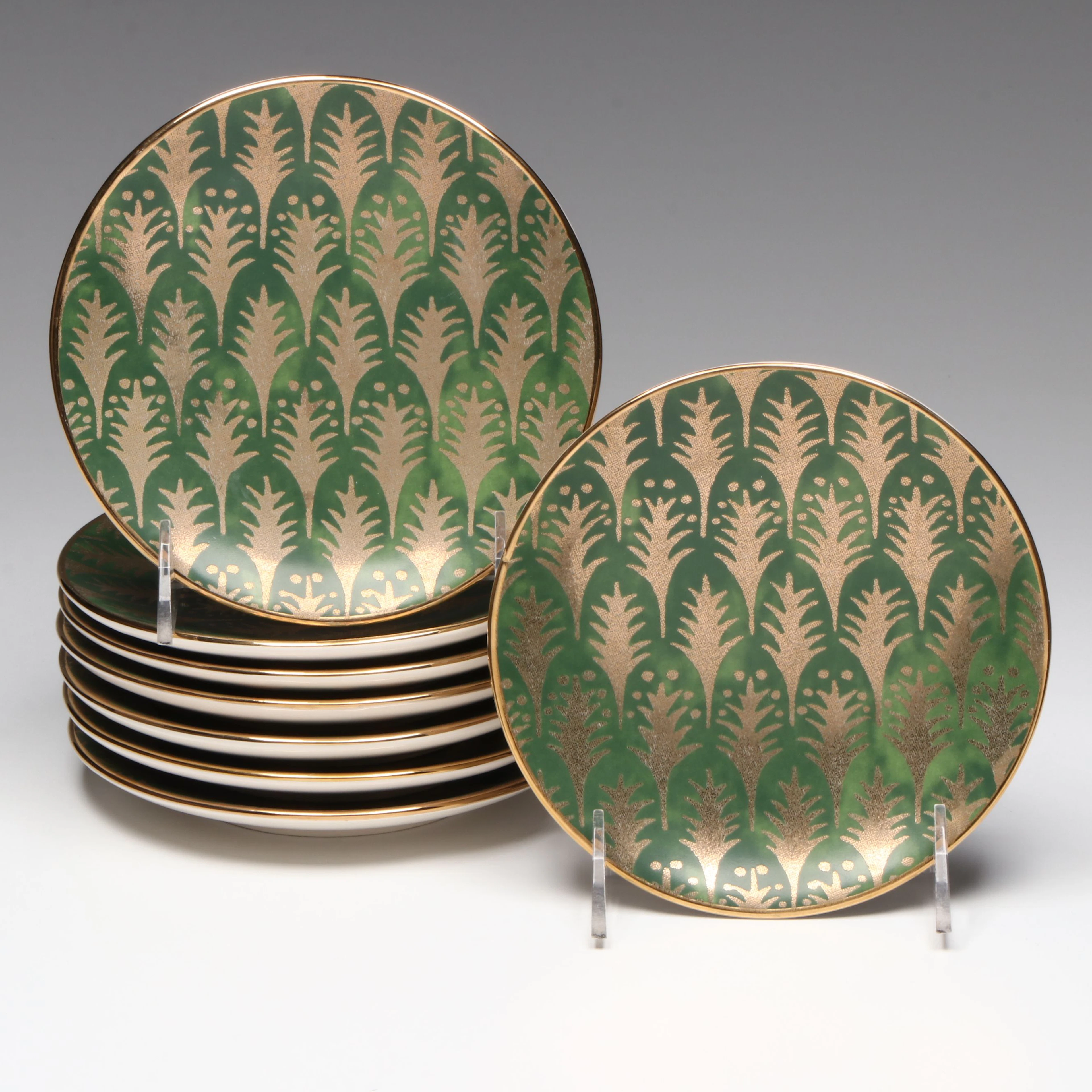 L'Objet "Fortuny" Gilt Green Earthenware Canape Plates, Set of Eight
