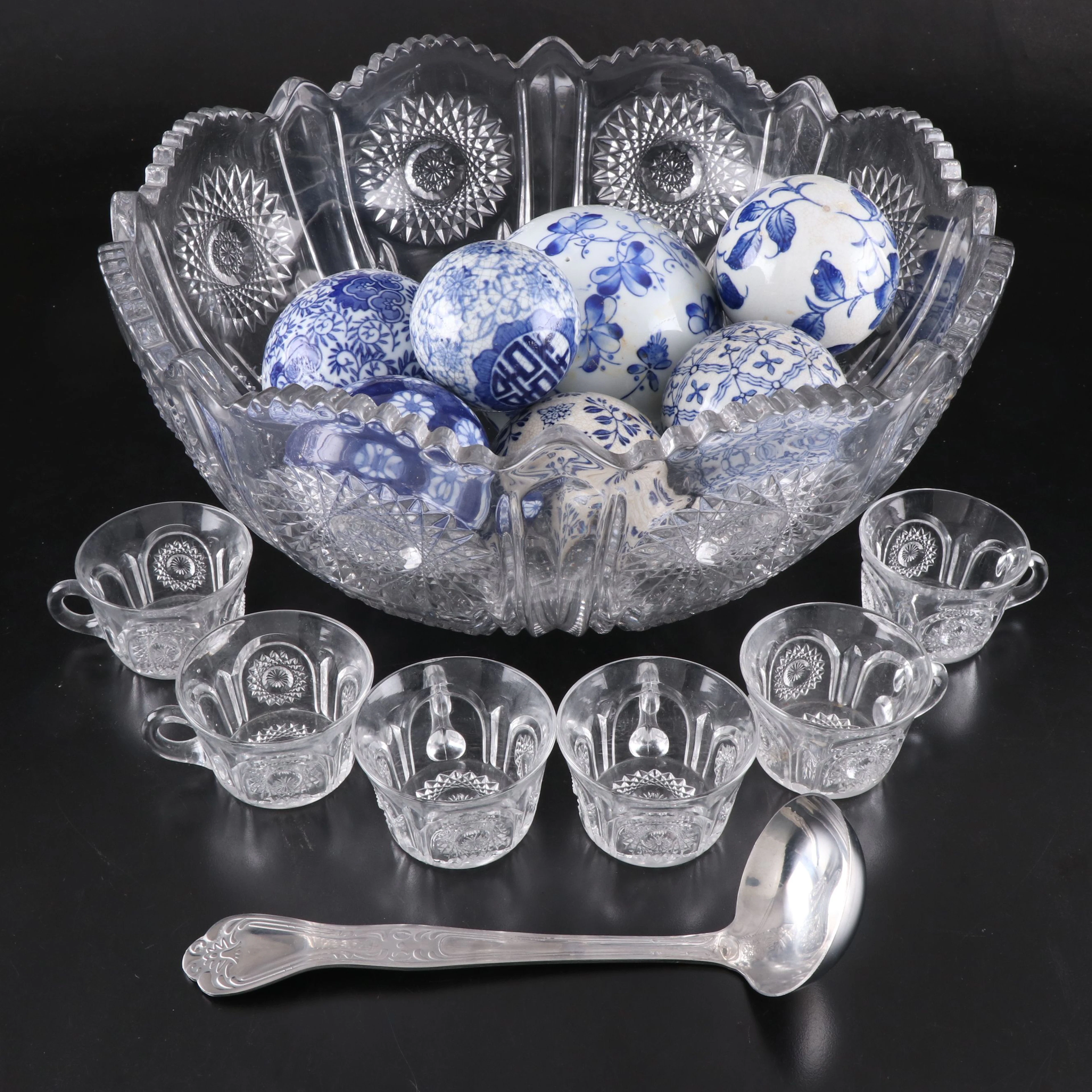 Heisey "Beaded Panel Sunburst" Punchbowl and Cups with Decorative Carpet Balls