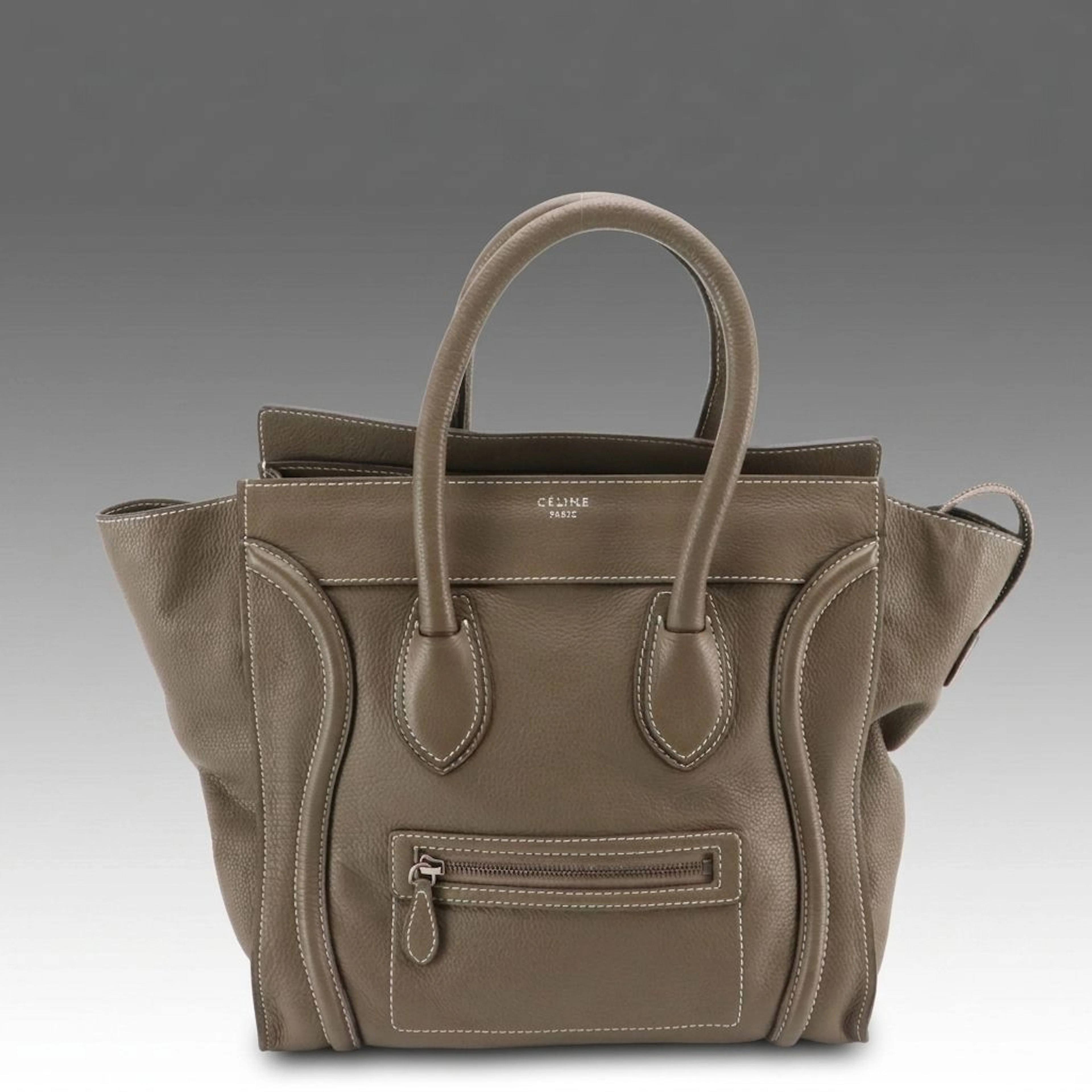 Céline Mini Luggage Handbag in Grained Calfskin Leather with White Stitching
