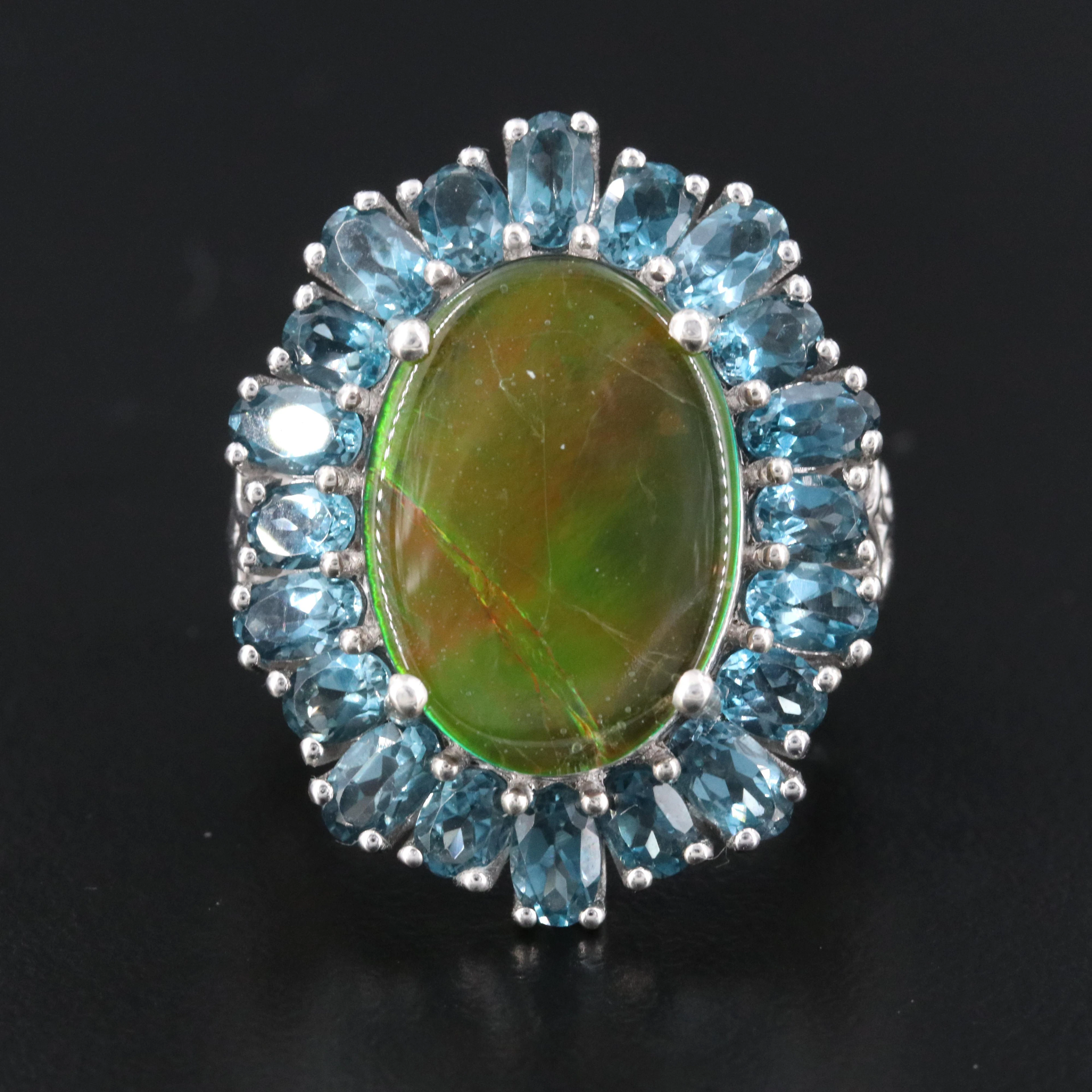 Sterling Ammolite Triplet and London Blue Topaz Ring