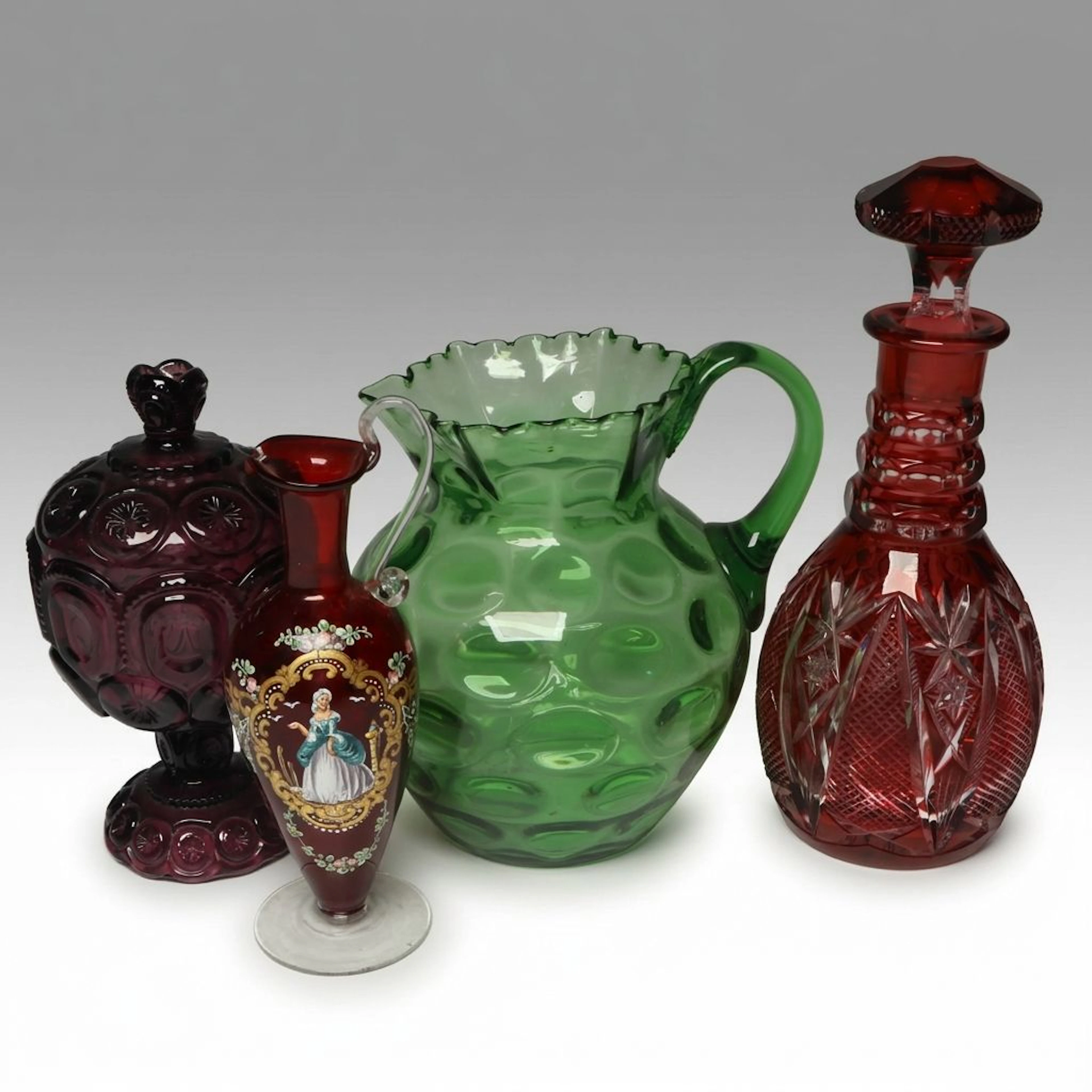 Bohemian Style Ruby Cut to Clear Decanter with More Colored Glass Tableware